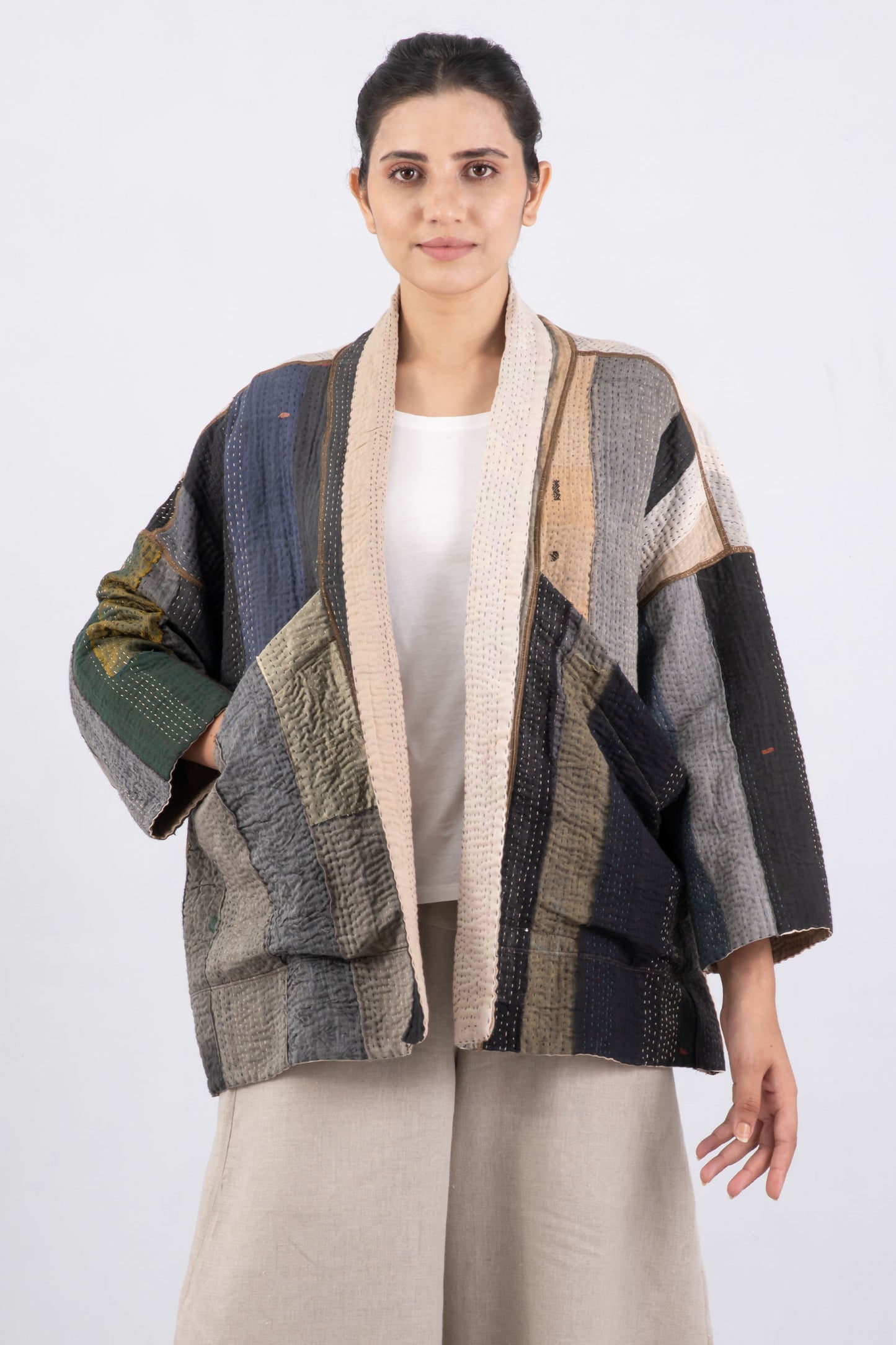 COTTON STRIPE PATCH KANTHA BIG POCKET JACKET