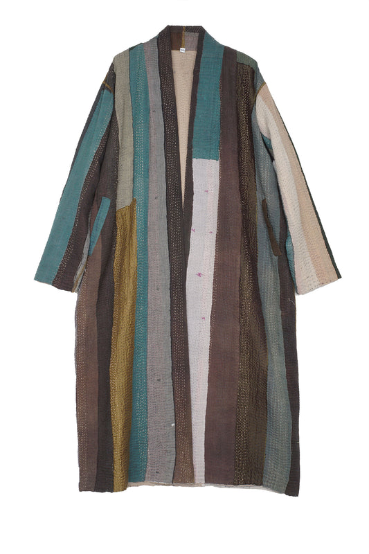 COTTON STRIPE PATCH KANTHA ROBE COAT