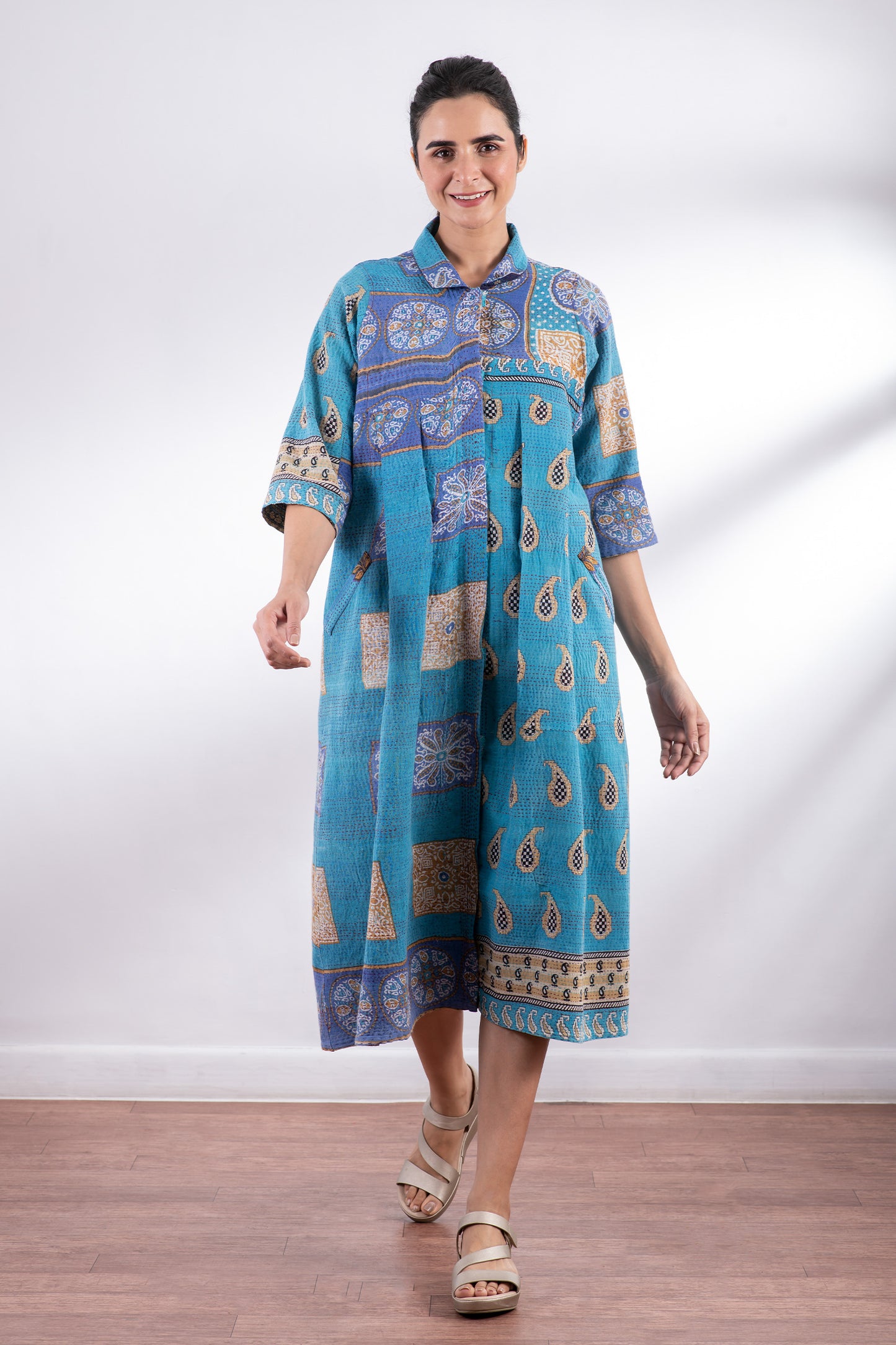 VINTAGE COTTON KANTHA SIDE PLEATED DRESS