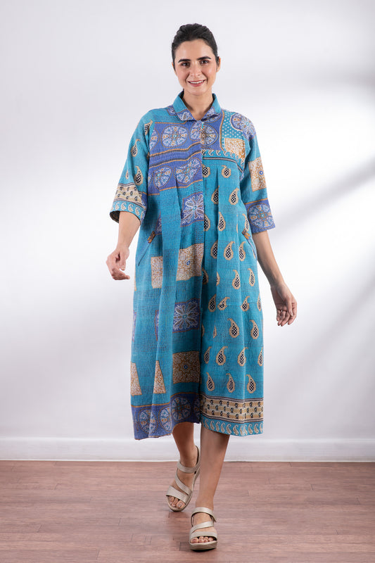 VINTAGE COTTON KANTHA SIDE PLEATED DRESS