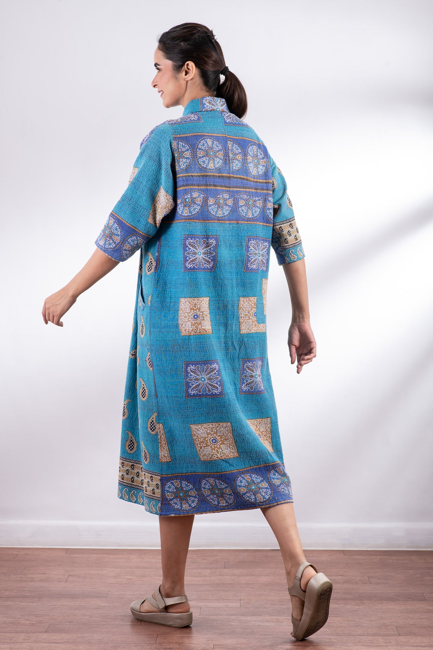 VINTAGE COTTON KANTHA SIDE PLEATED DRESS