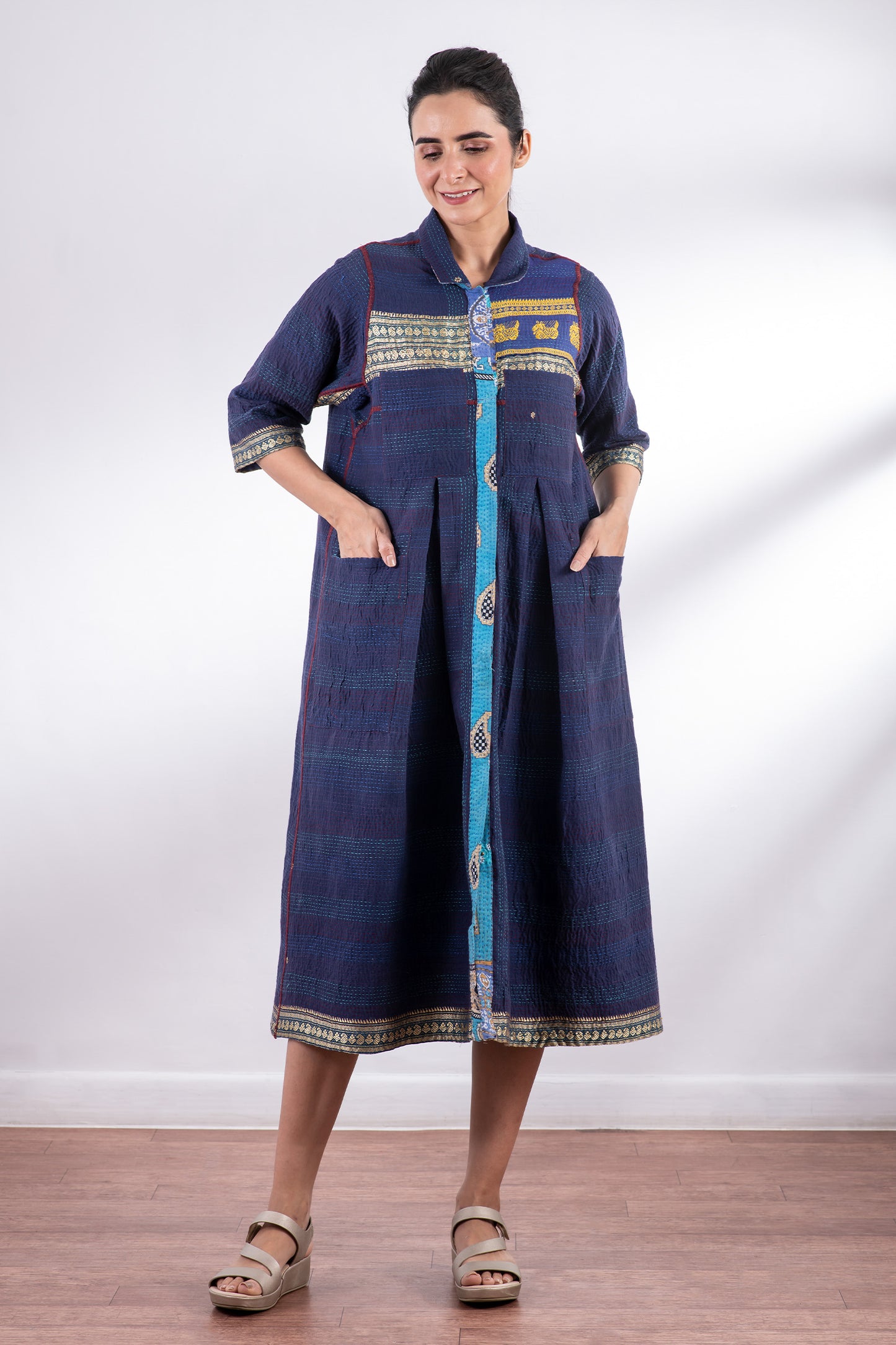 VINTAGE COTTON KANTHA SIDE PLEATED DRESS