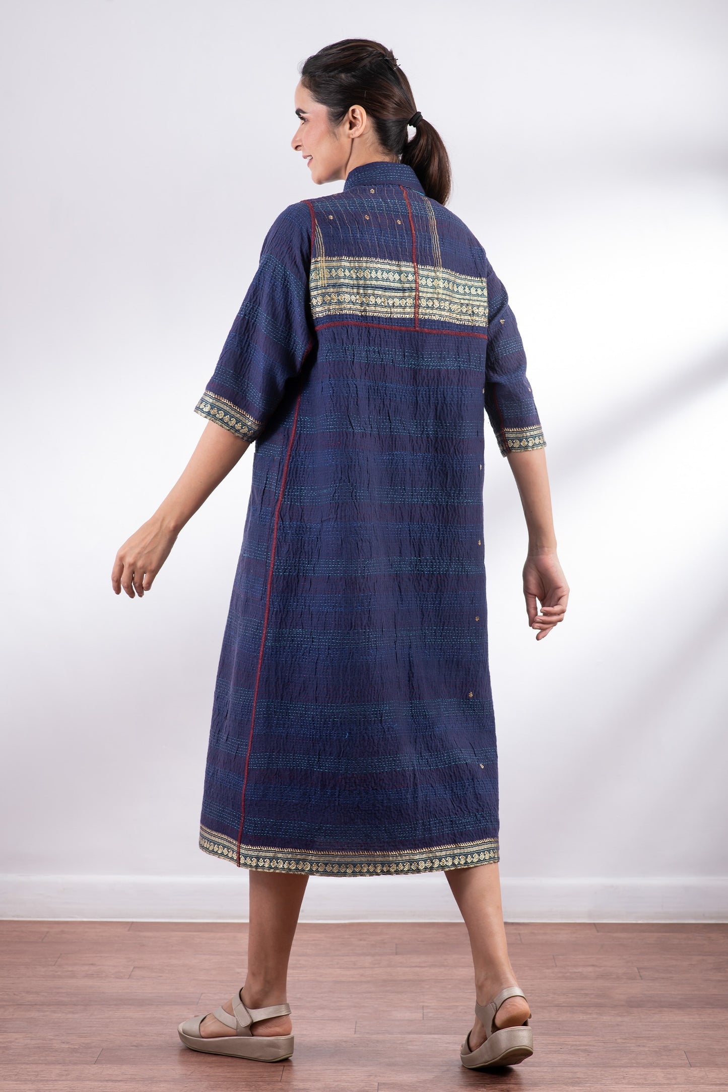 VINTAGE COTTON KANTHA SIDE PLEATED DRESS