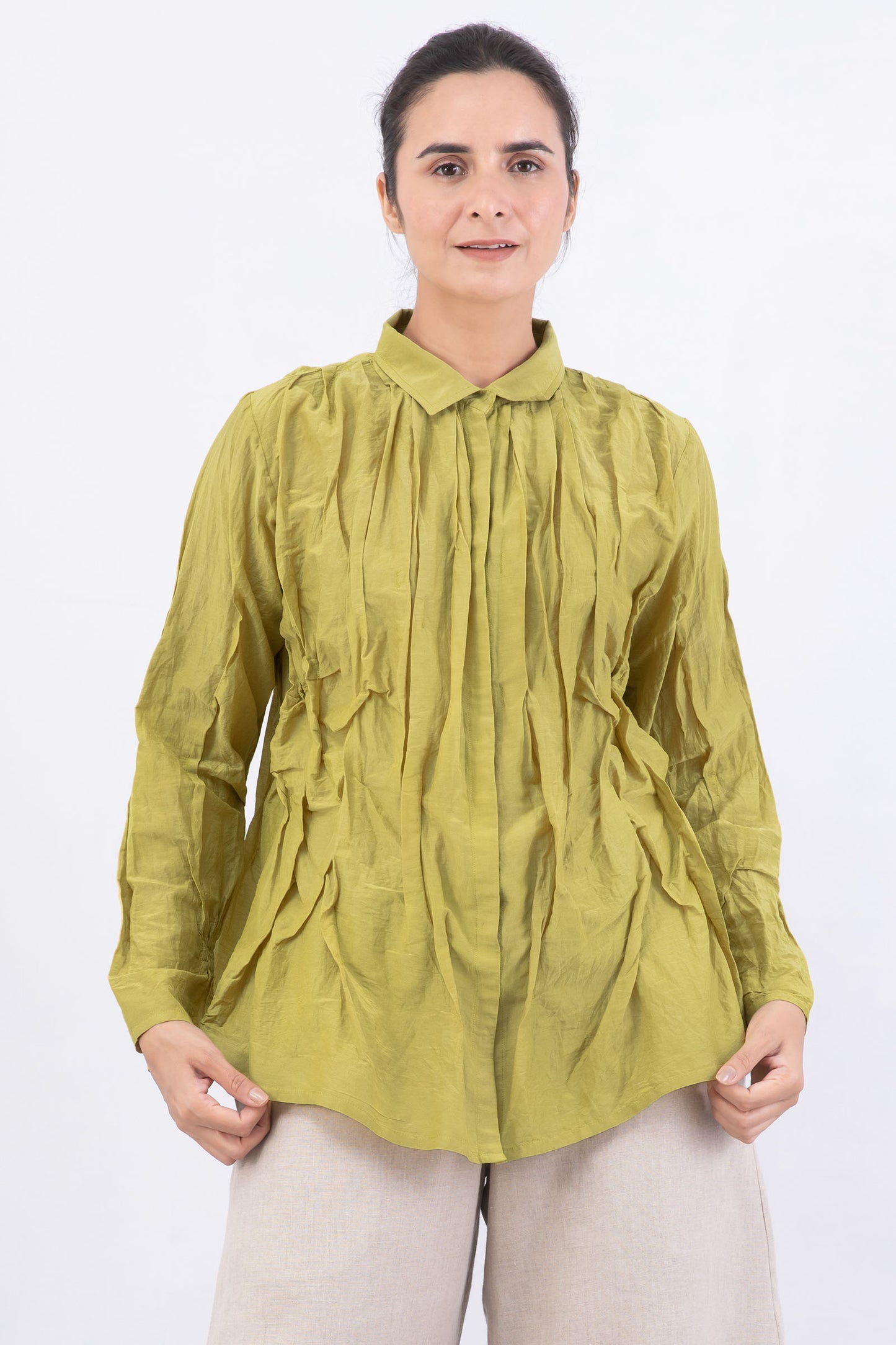 DYED COTTON SILK VOILE WAVY TUCKED SHIRT