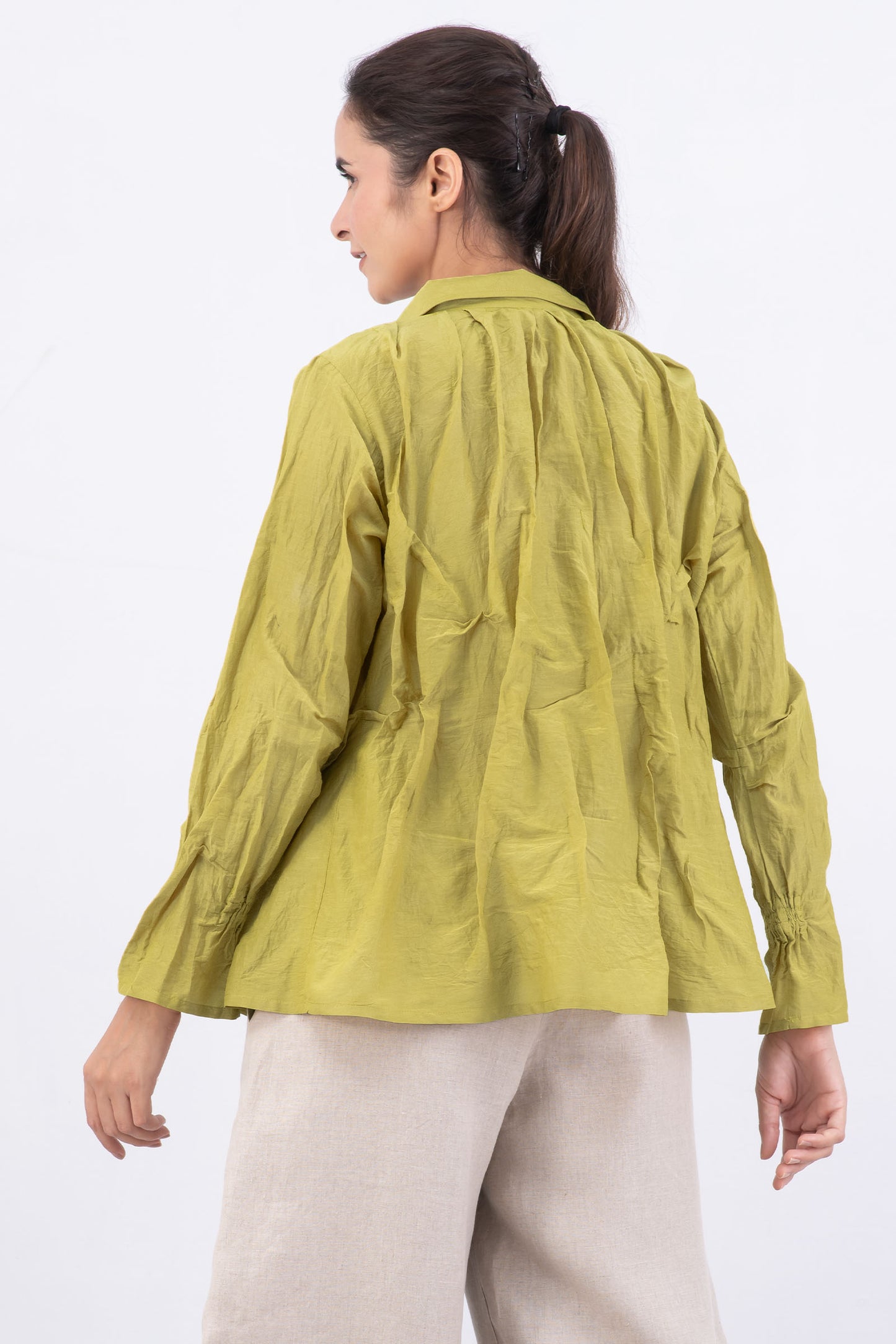 DYED COTTON SILK VOILE WAVY TUCKED SHIRT