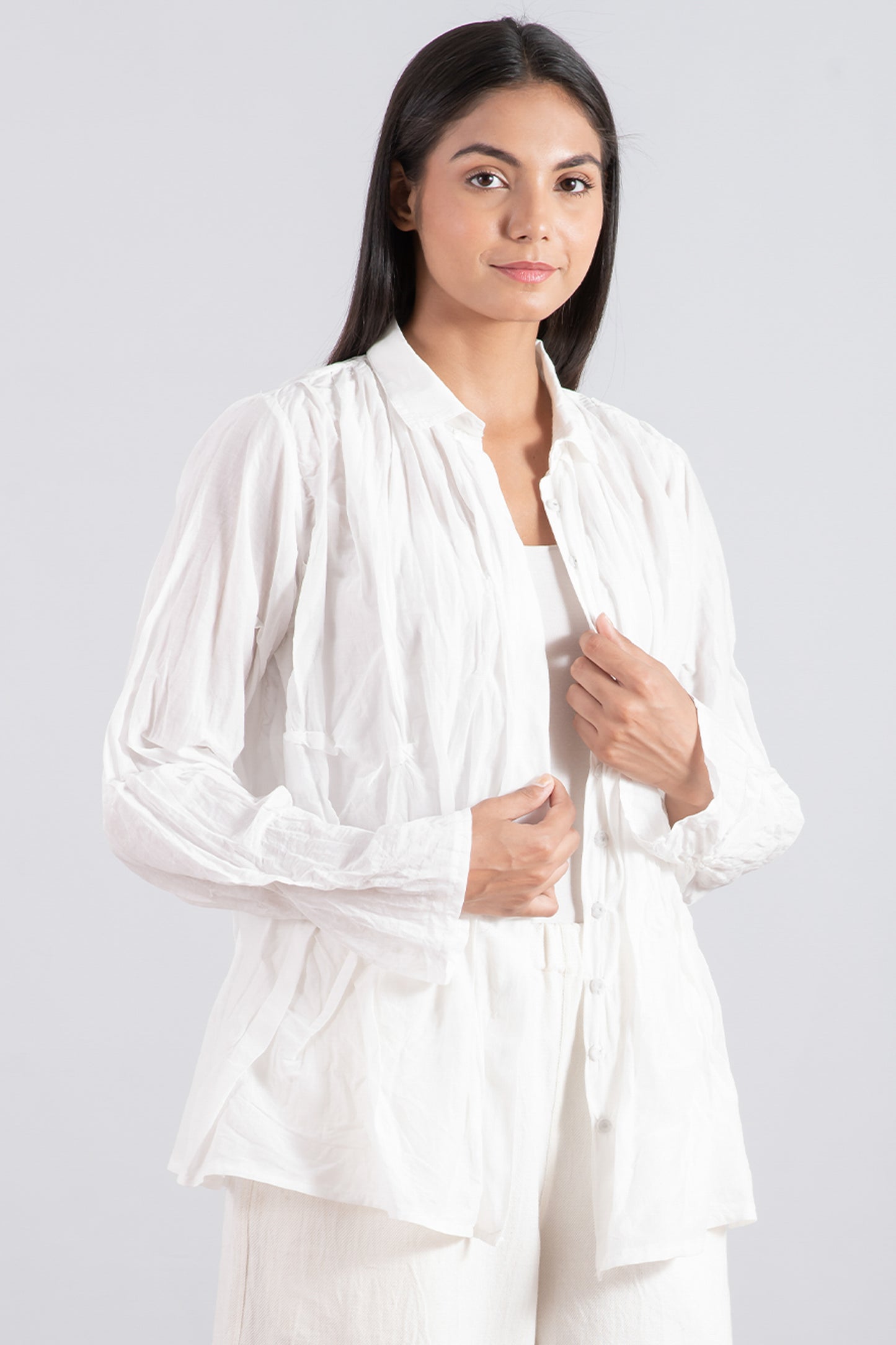 DYED COTTON SILK VOILE WAVY KANTHA TUCKED SHIRT