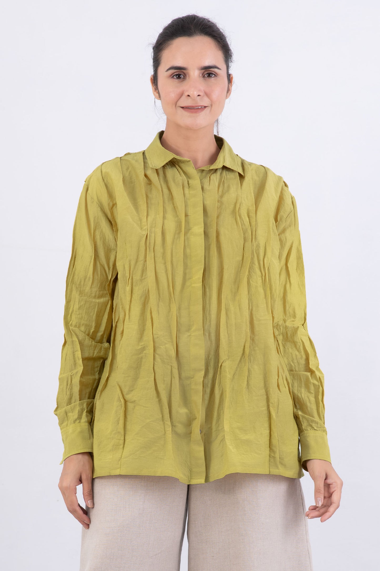 DYED COTTON SILK VOILE WAVY TUCKED MEN'S SHIRT