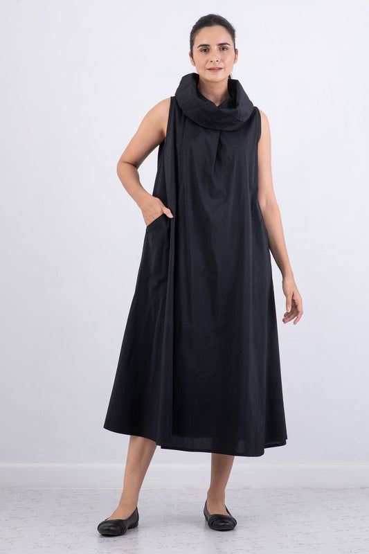 DYED COTTON SILK HEAVY VOILE WAVY COWL NECK MAXI DRESS