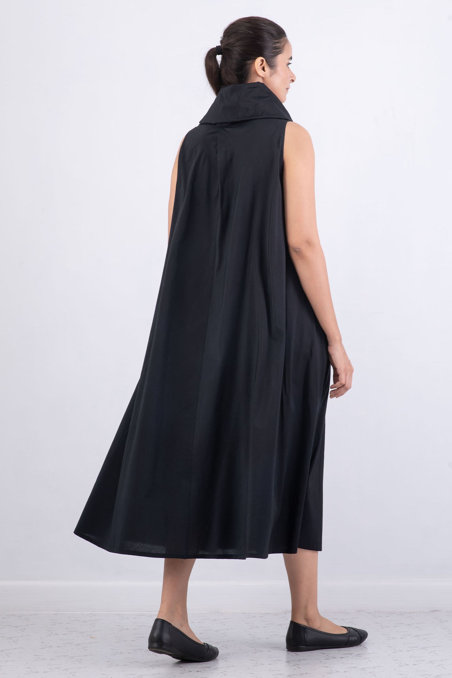 DYED COTTON SILK HEAVY VOILE WAVY COWL NECK MAXI DRESS