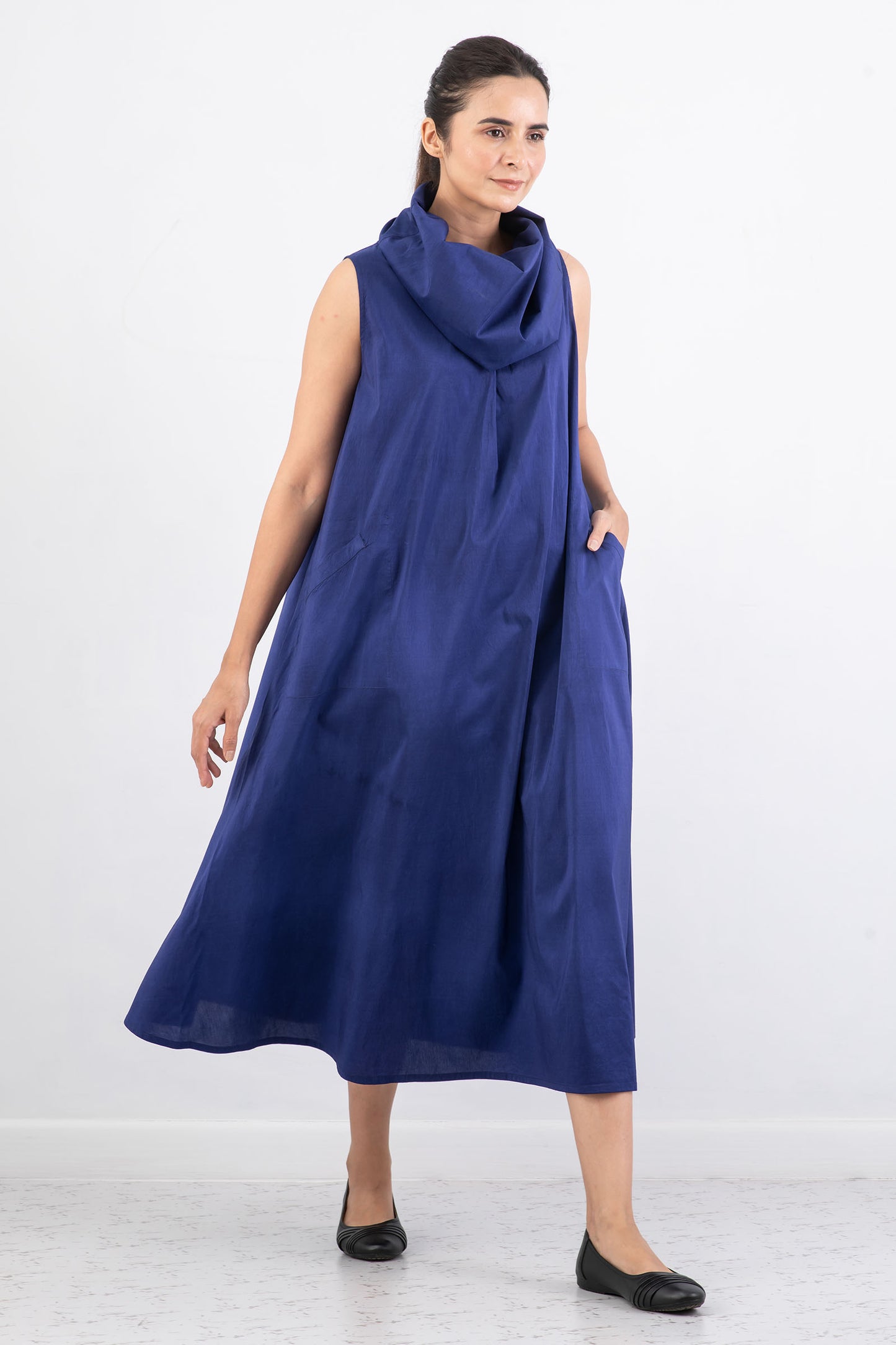 DYED COTTON SILK HEAVY VOILE WAVY COWL NECK MAXI DRESS