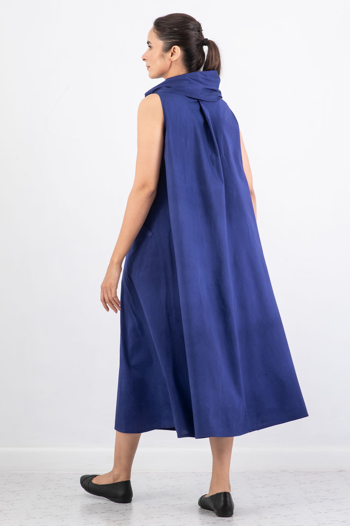 DYED COTTON SILK HEAVY VOILE WAVY COWL NECK MAXI DRESS