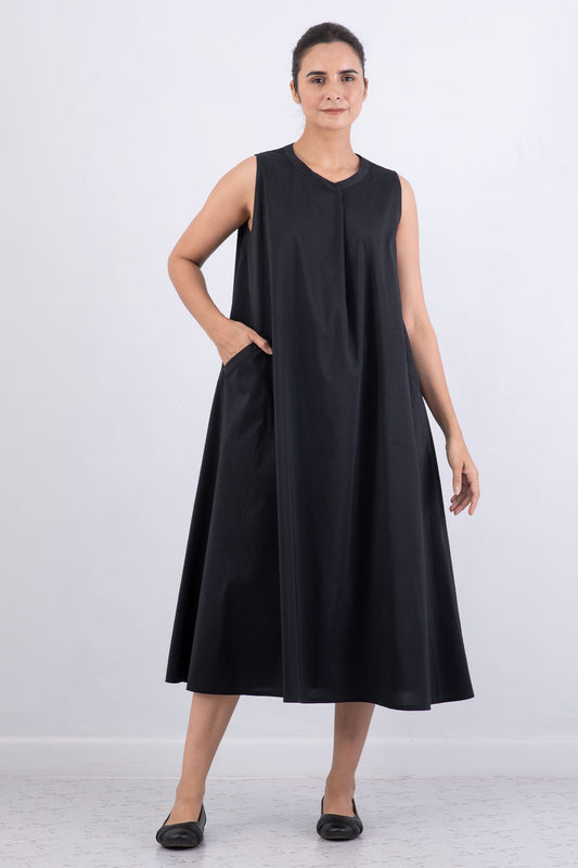 DYED COTTON SILK HEAVY VOILE WAVY BAND COLLAR MAXI DRESS