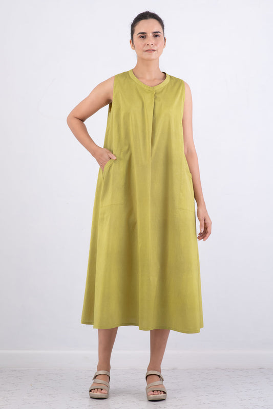 DYED COTTON SILK HEAVY VOILE WAVY BAND COLLAR MAXI DRESS