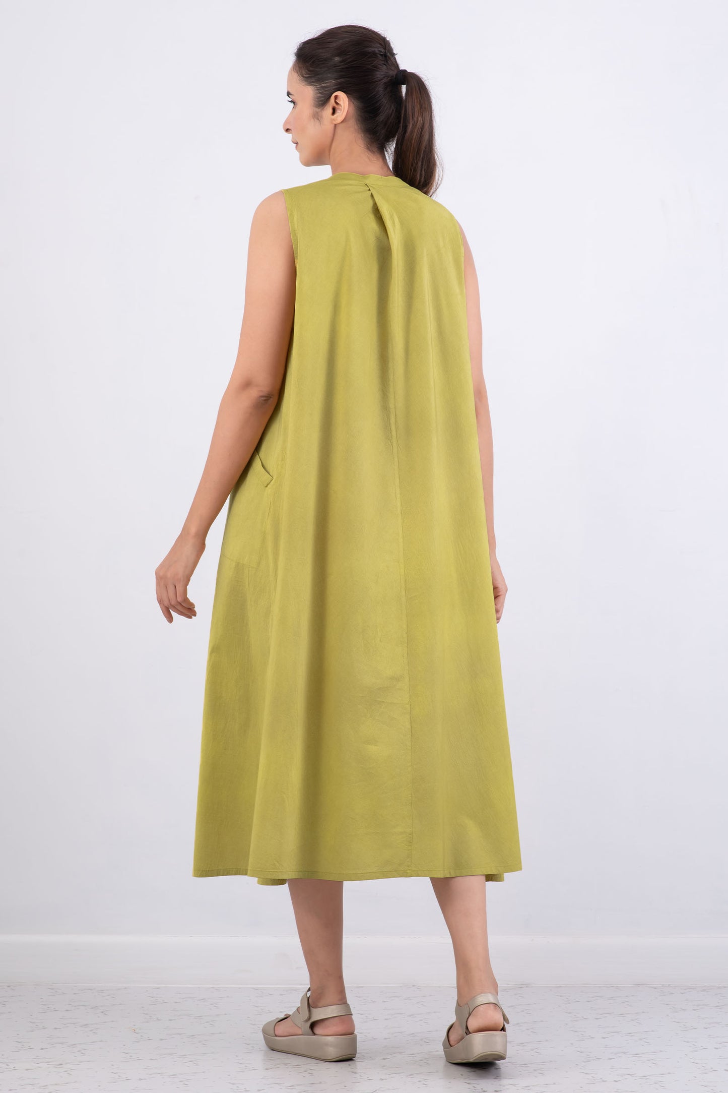 DYED COTTON SILK HEAVY VOILE WAVY BAND COLLAR MAXI DRESS