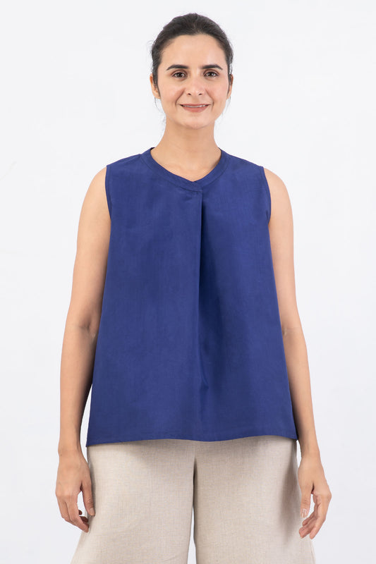 DYED COTTON SILK HEAVY VOILE WAVY BAND COLLAR SHELL TOP
