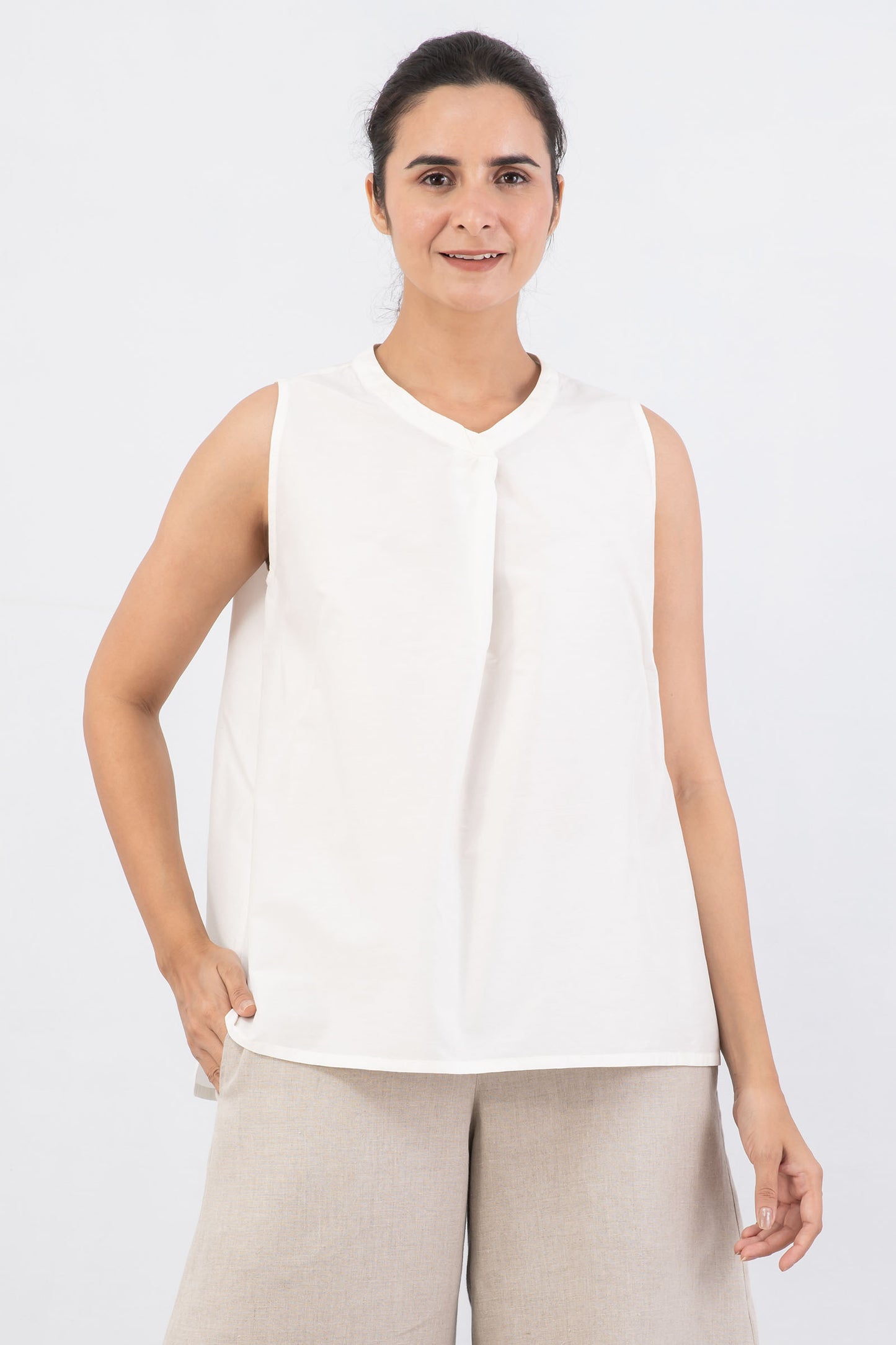 DYED COTTON SILK HEAVY VOILE WAVY BAND COLLAR SHELL TOP