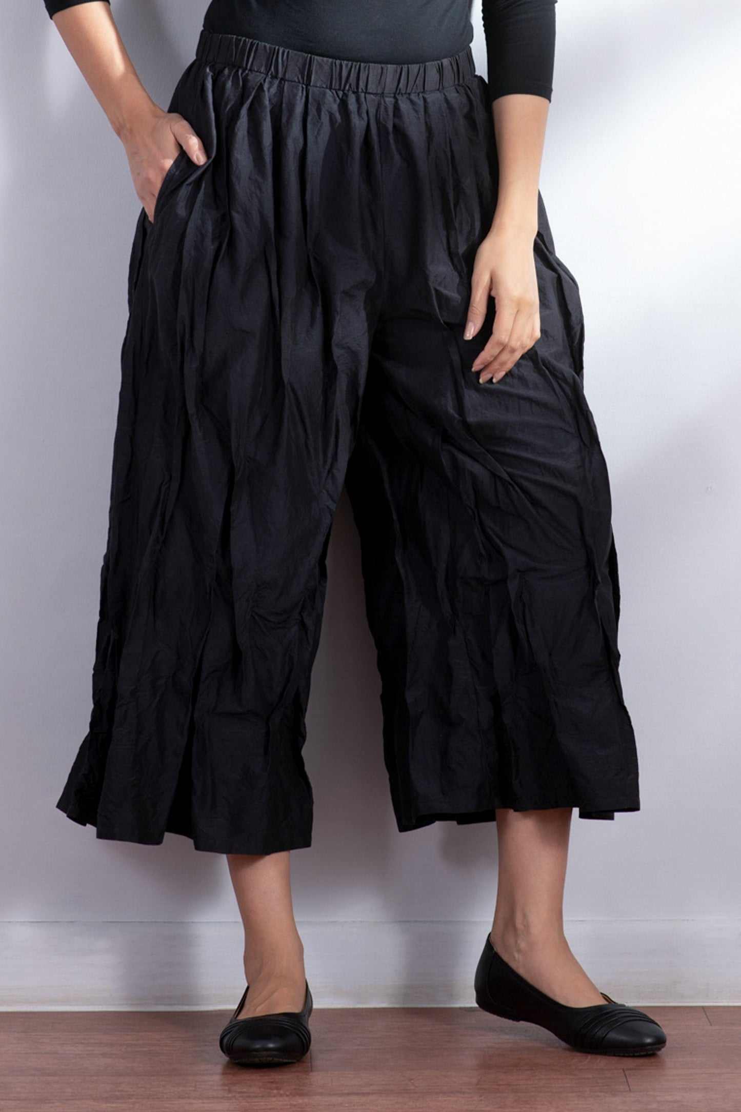 DYED COTTON SILK HEAVY VOILE WAVY TUCKED PANTS