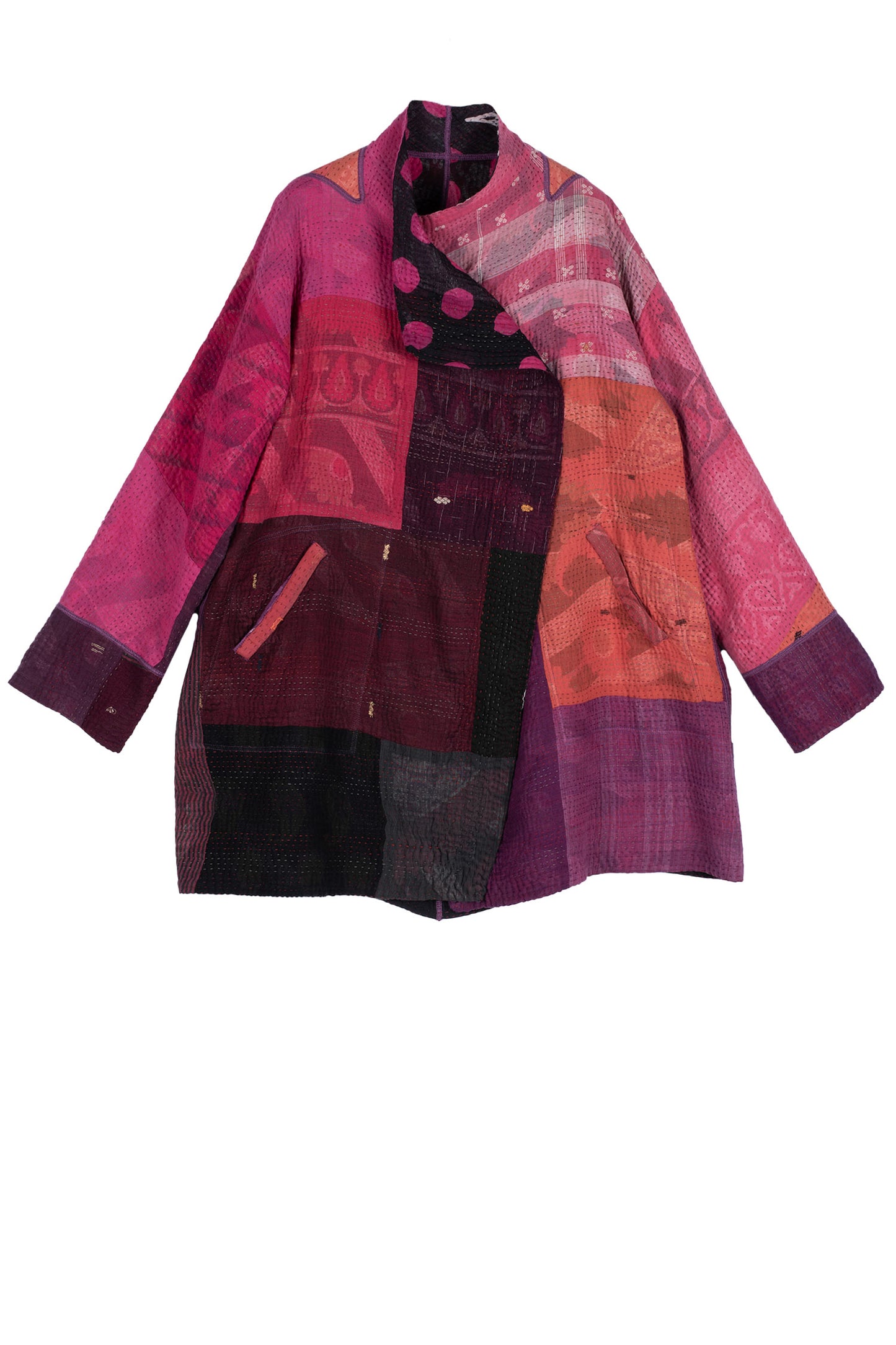 POLKA DOTS & LEAVES KANTHA FUNNEL COLLAR COAT