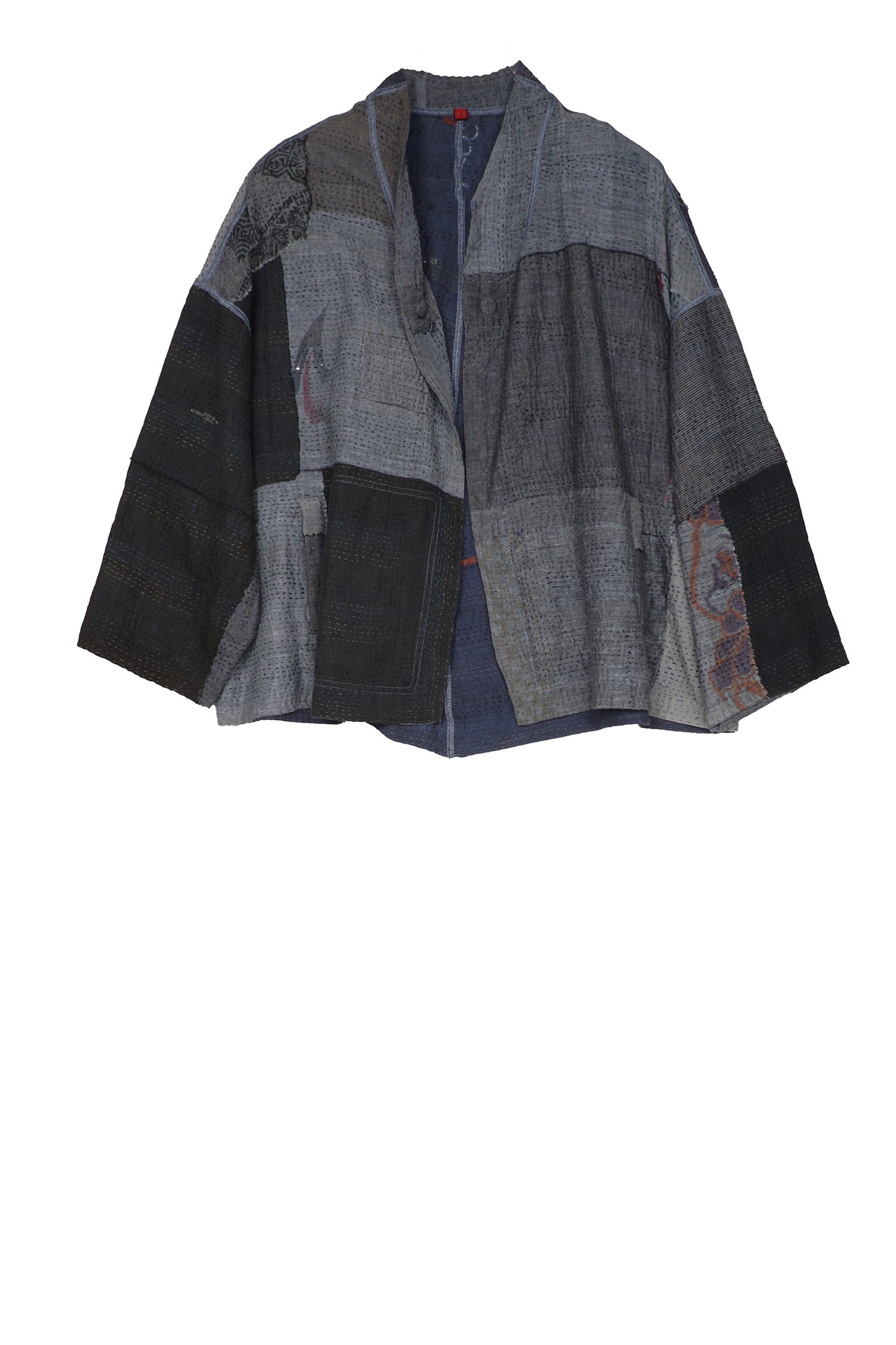 FRAYED PATCH KANTHA STAND COLLAR CROPPED JKT