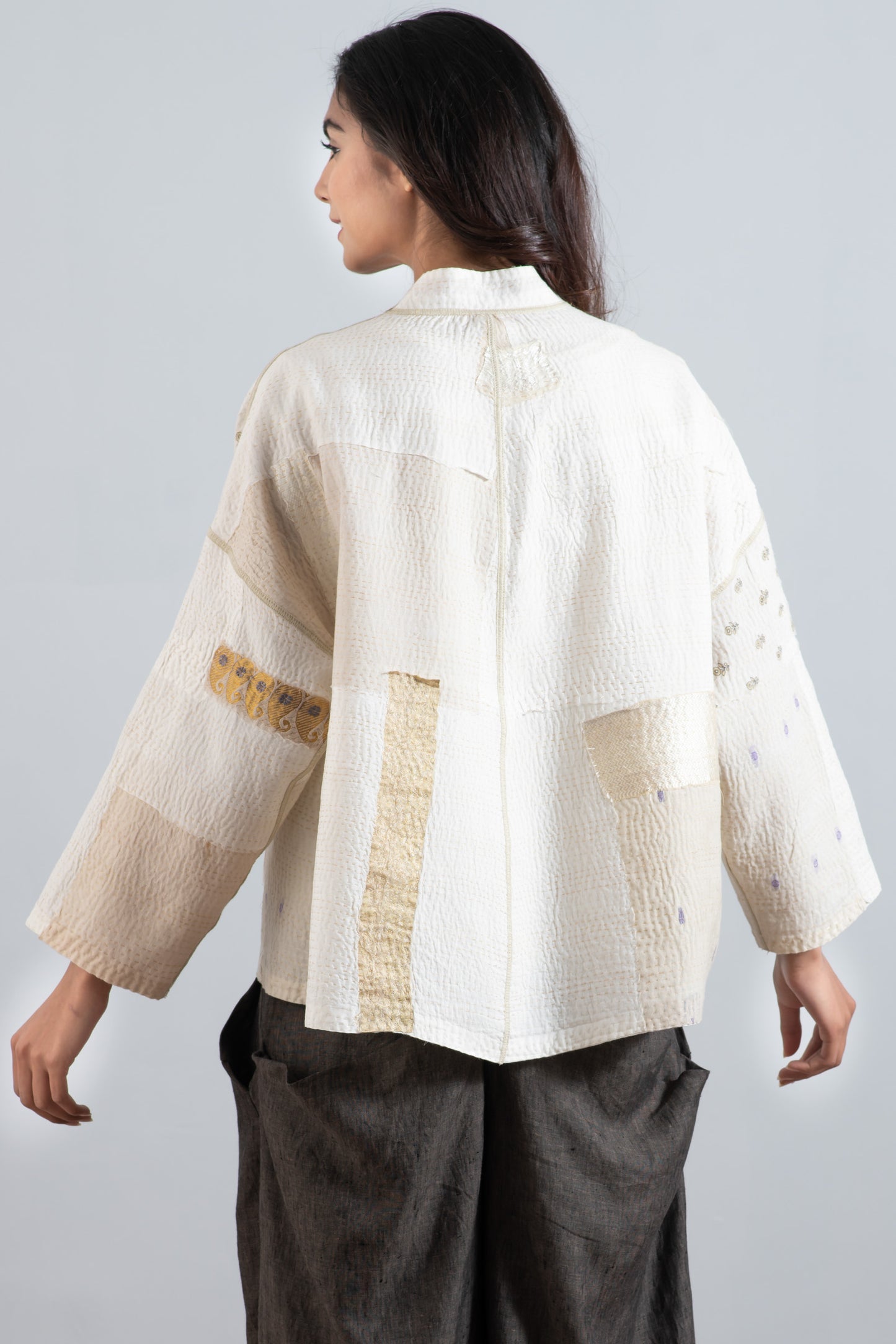 FRAYED PATCH KANTHA STAND COLLAR CROPPED JKT