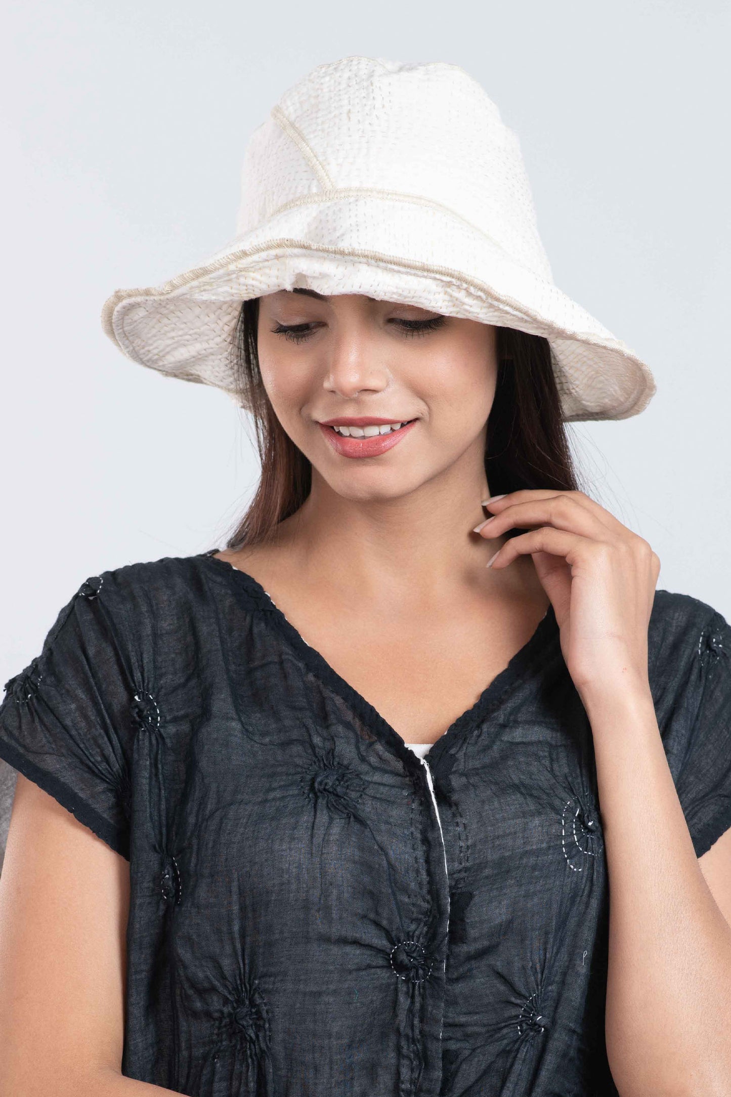 FRAYED PATCH KANTHA CIRCULAR CUT BRIM HAT