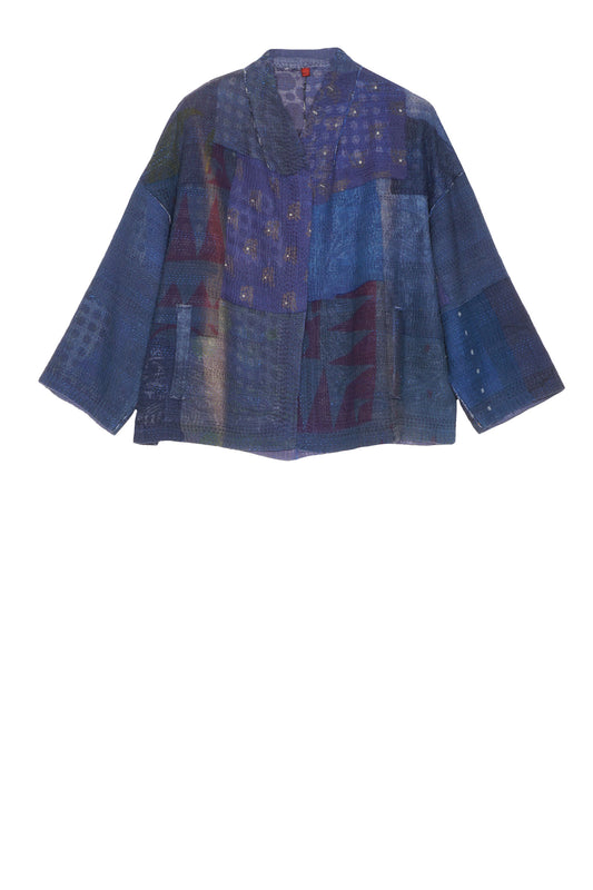 FRAYED PATCH KANTHA STAND COLLAR CROPPED JKT