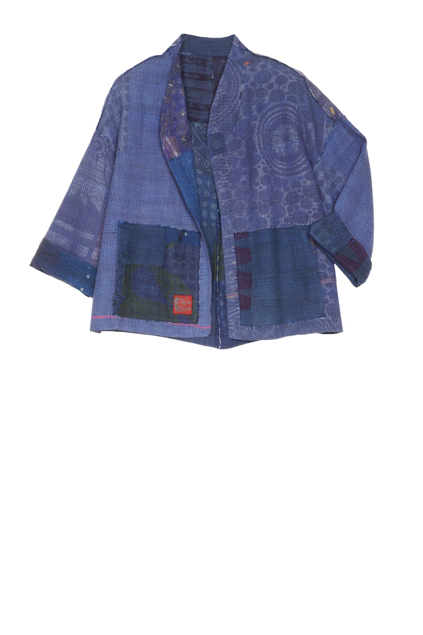 FRAYED PATCH KANTHA STAND COLLAR CROPPED JKT