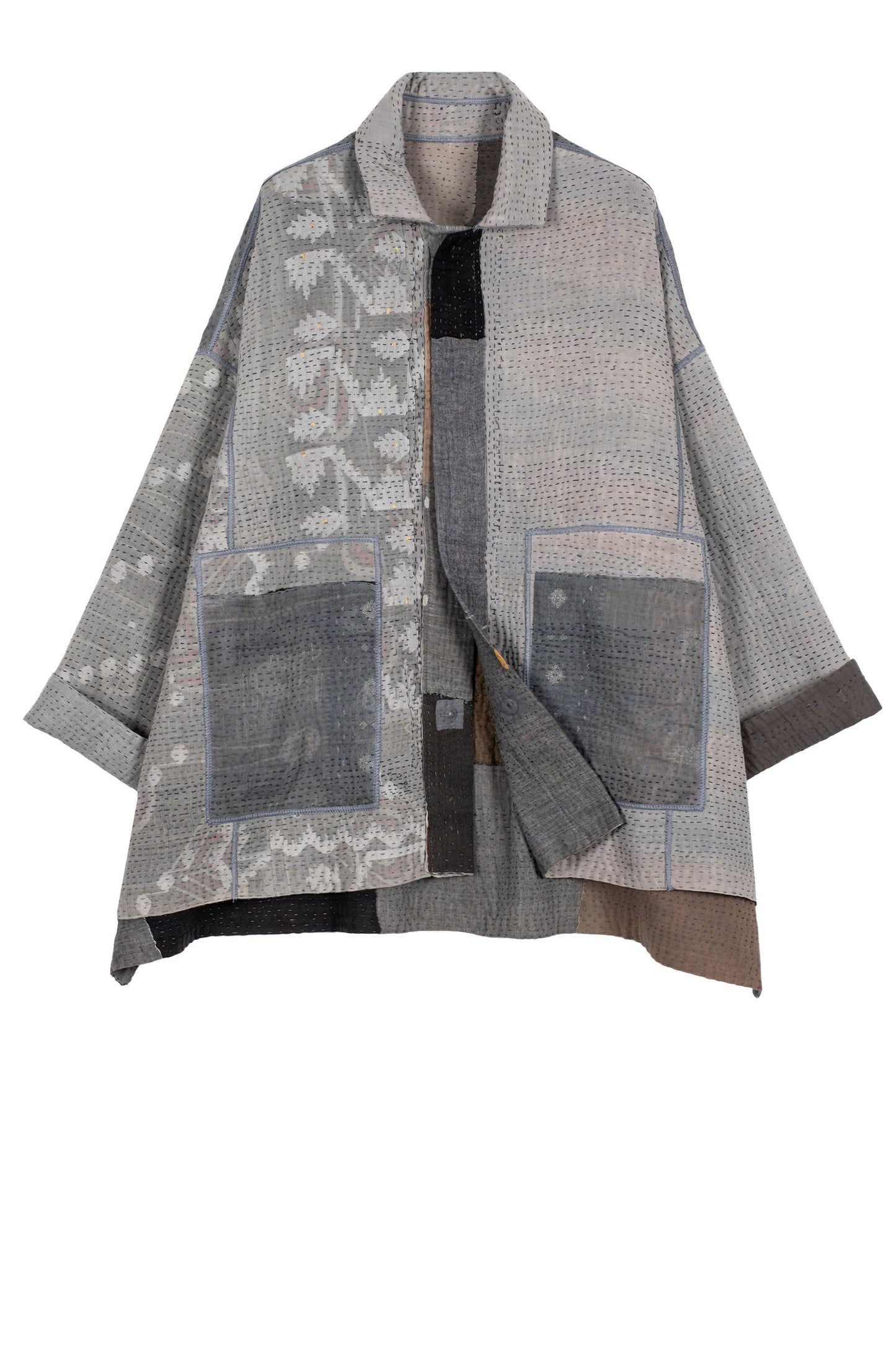 FRAYED PATCH KANTHA OVERSIZED MINI COAT