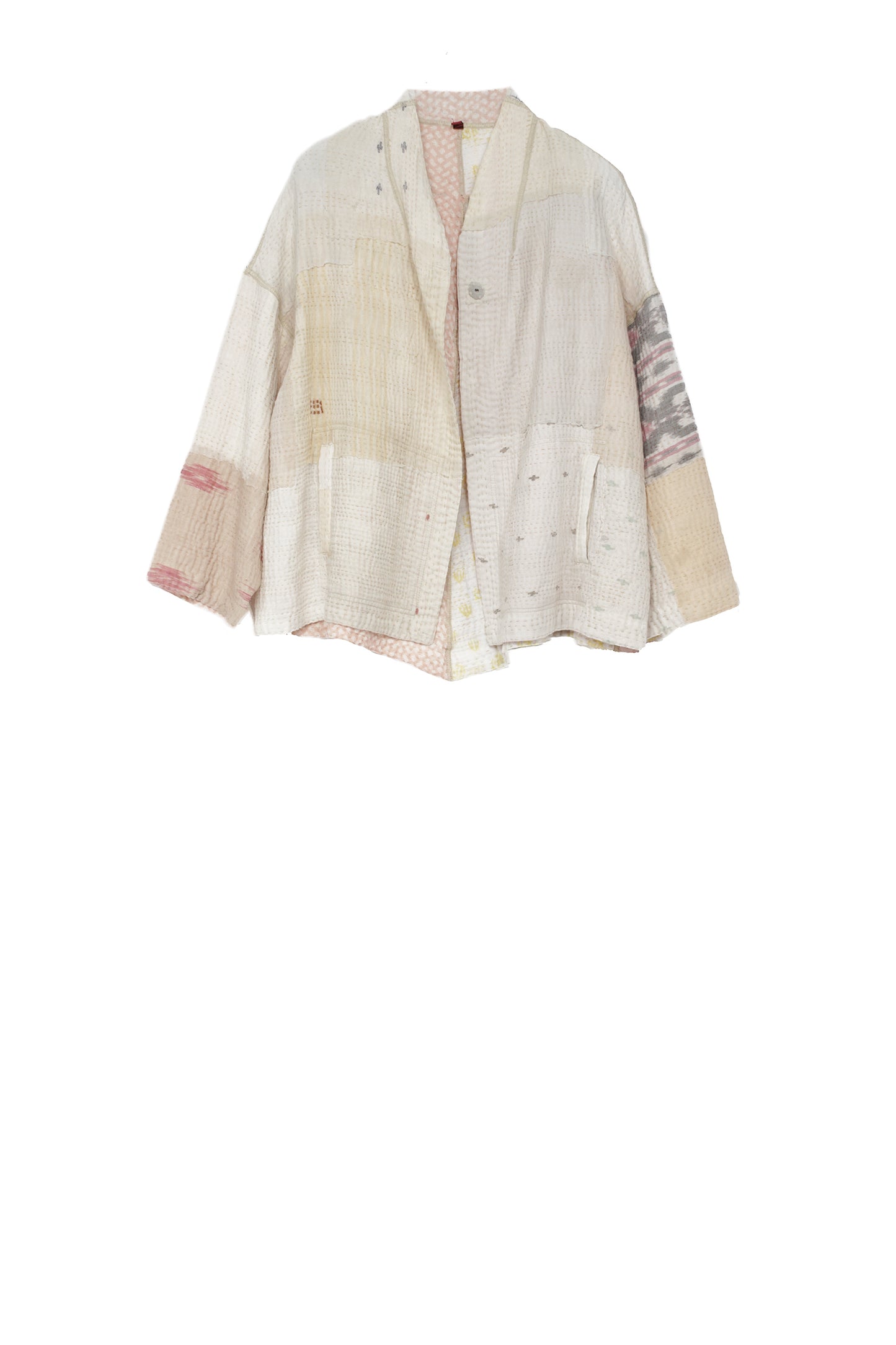 FRAYED PATCH MIX KANTHA STAND COLLAR CROPPED JKT