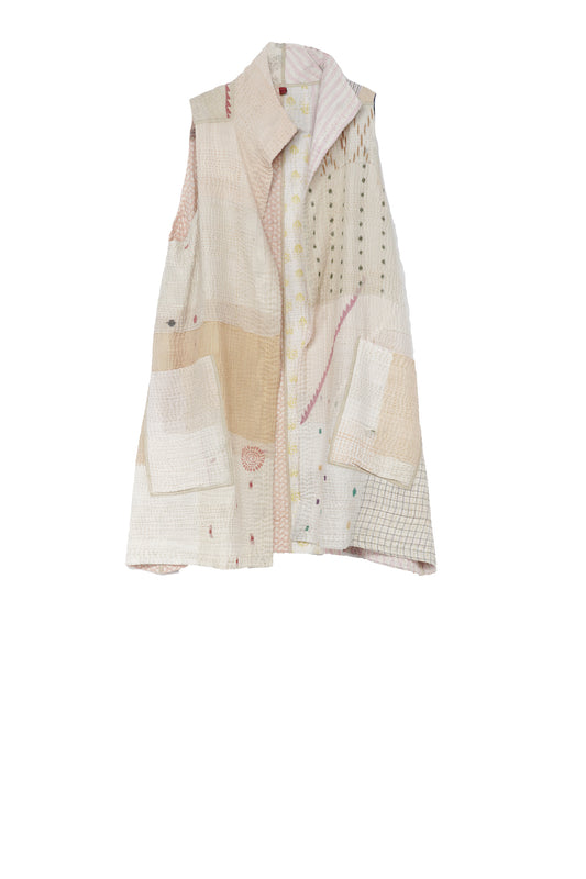 FRAYED PATCH MIX KANTHA WING COLLAR VEST