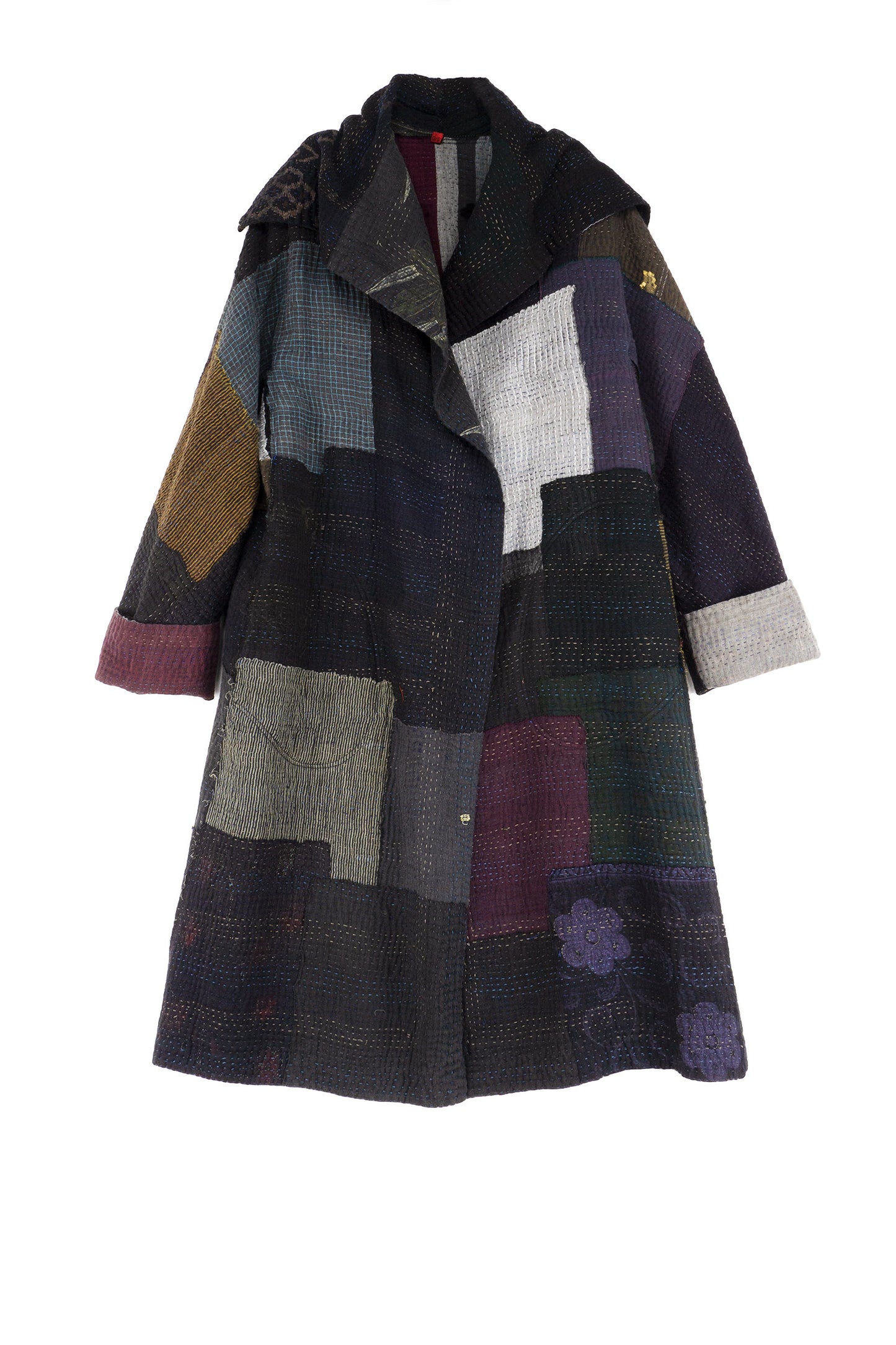 FRAYED PATCH MIX KANTHA A-LINE COAT