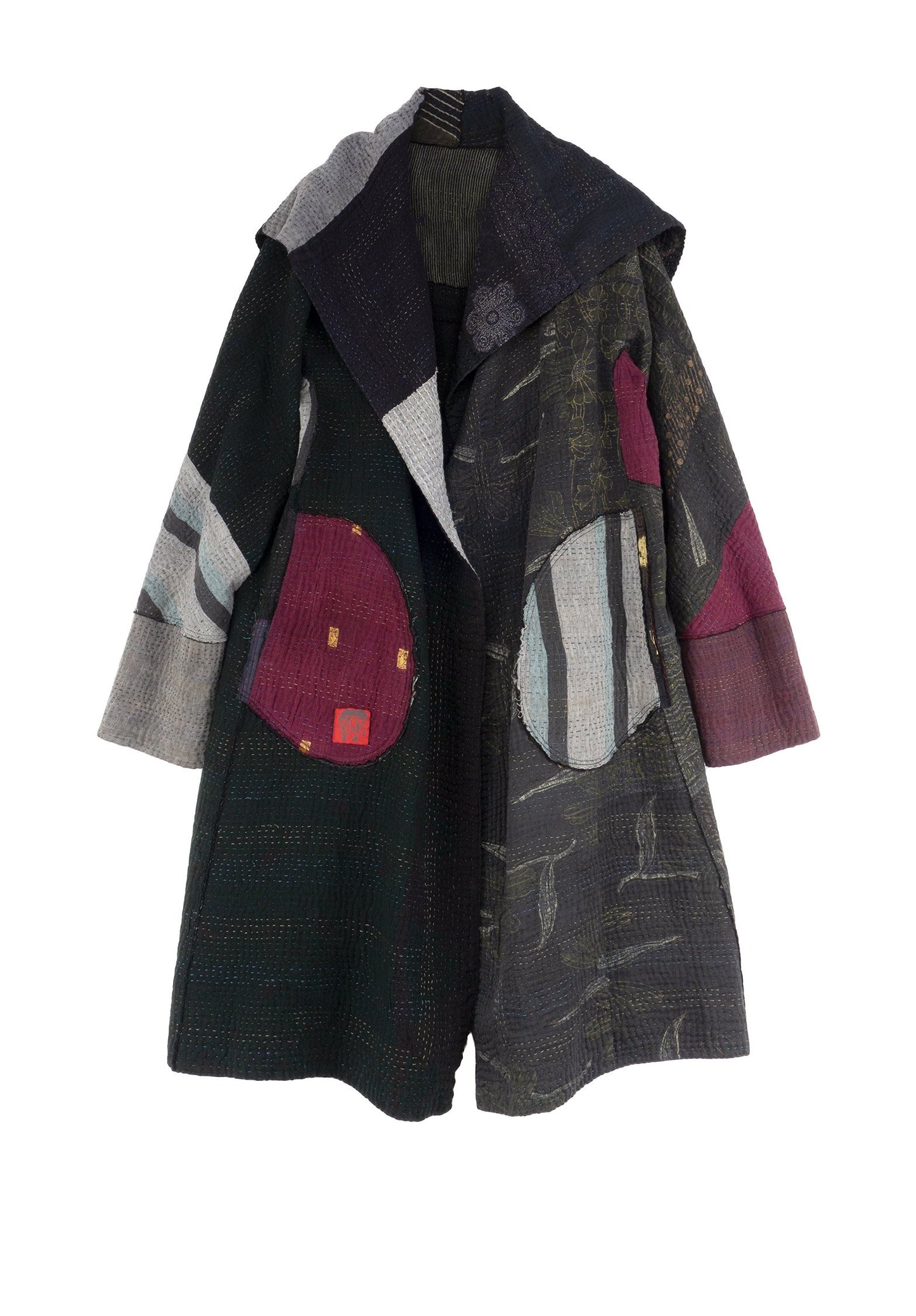 FRAYED PATCH MIX KANTHA A-LINE COAT