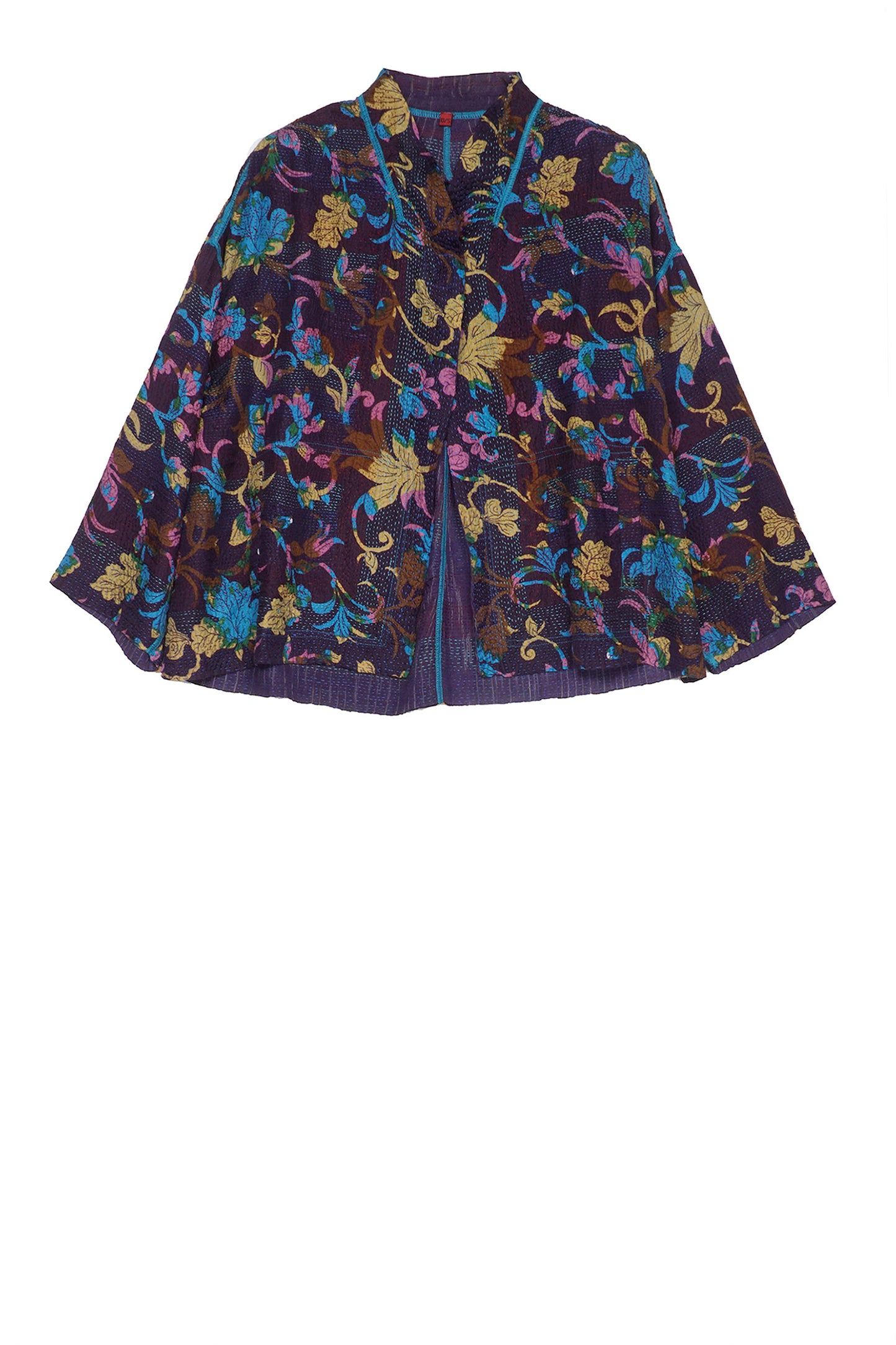 FLORAL SILK PRINT KANTHA STAND COLLAR CROPPED JKT