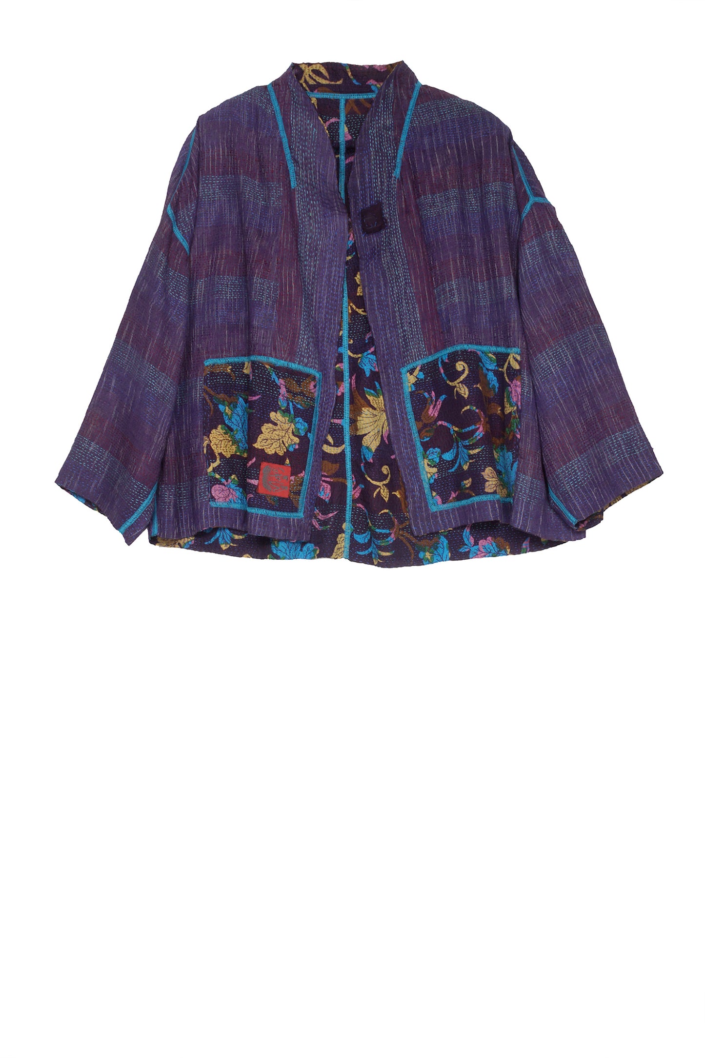 FLORAL SILK PRINT KANTHA STAND COLLAR CROPPED JKT