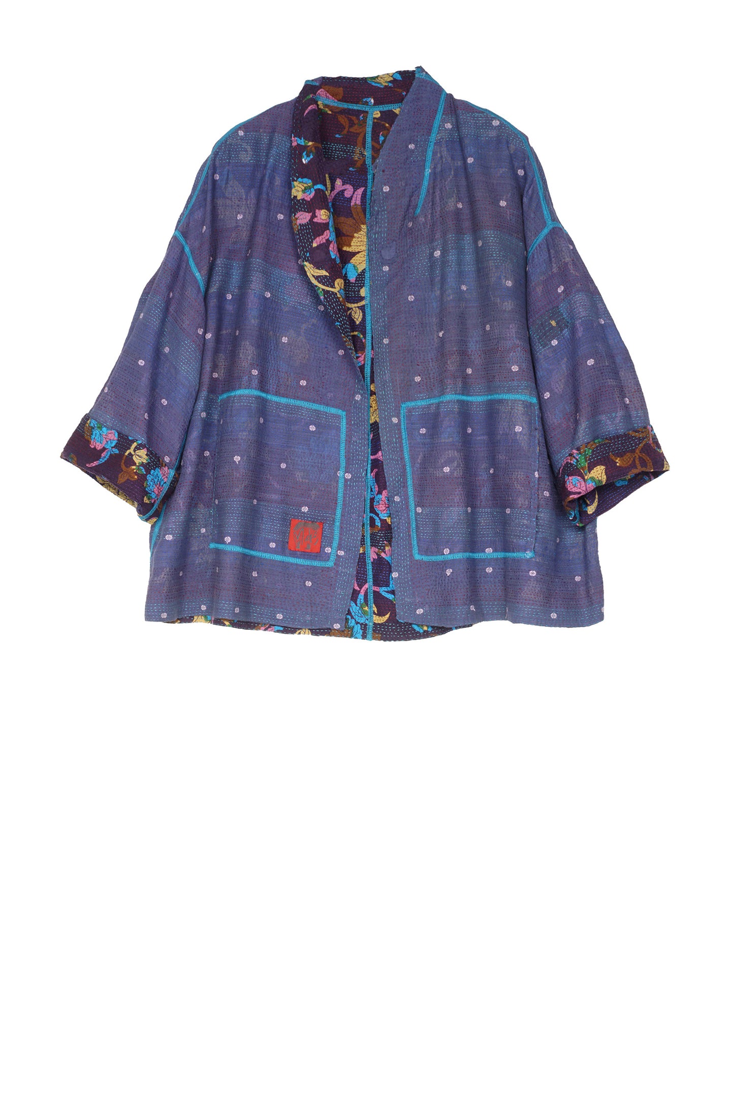 FLORAL SILK PRINT KANTHA GUMP'S STAND COLLAR CROPPED JKT