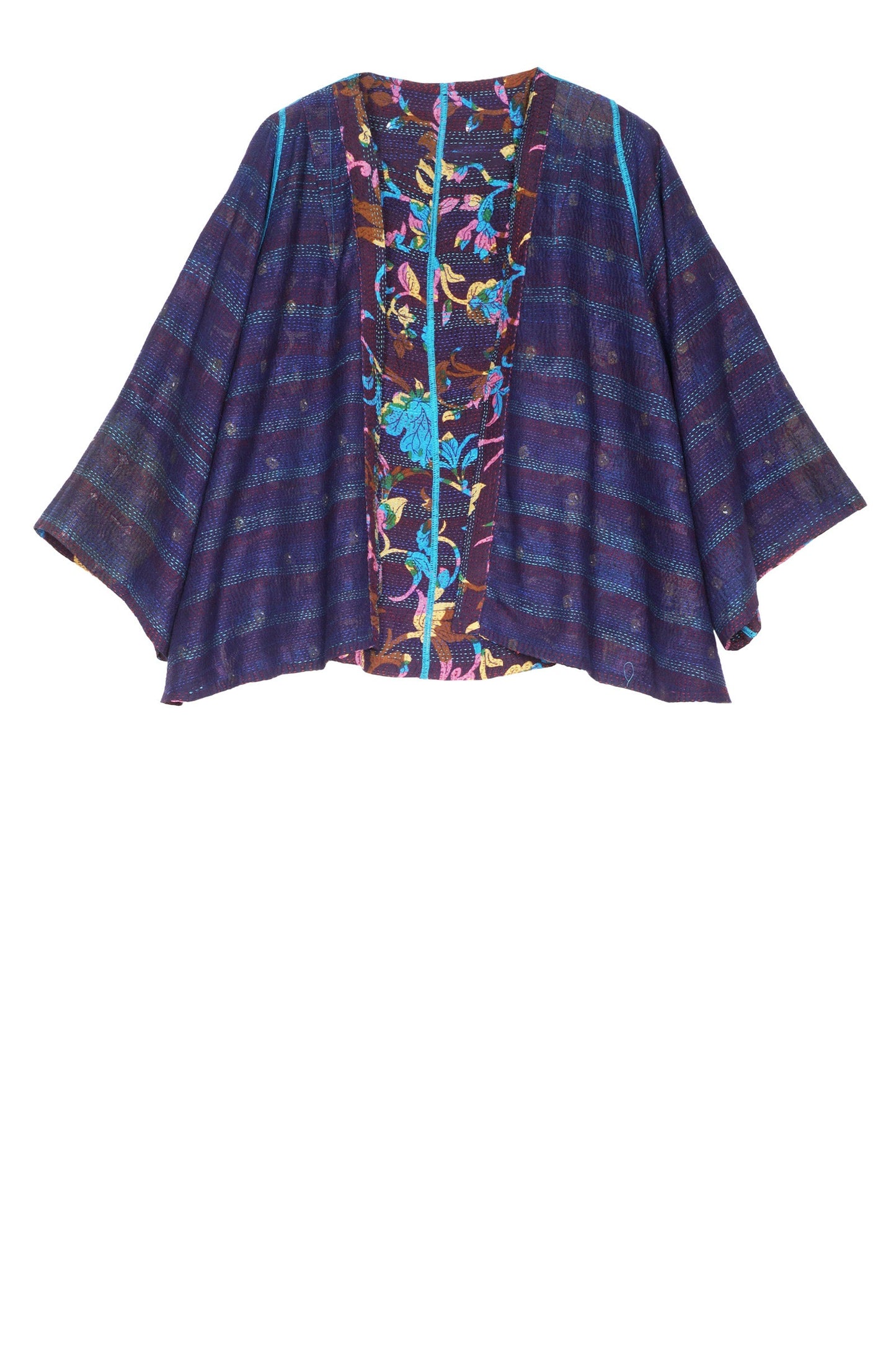 FLORAL SILK PRINT KANTHA BELL SHAPE JACKET