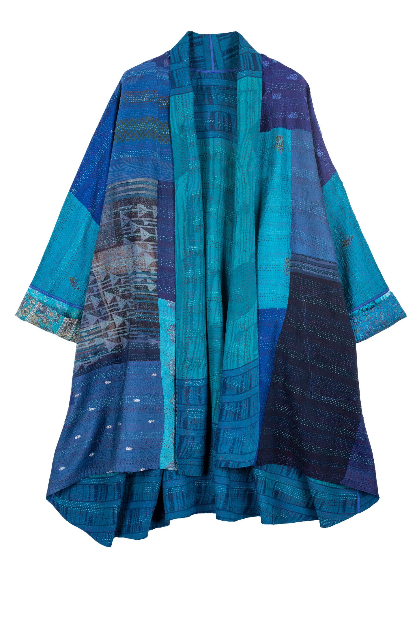 GEORGETTE VINTAGE SILK PATCH KANTHA KIMONO LONG JKT