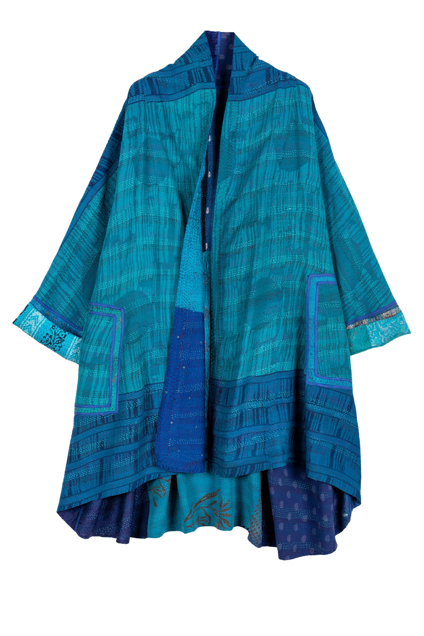 GEORGETTE VINTAGE SILK PATCH KANTHA KIMONO LONG JKT