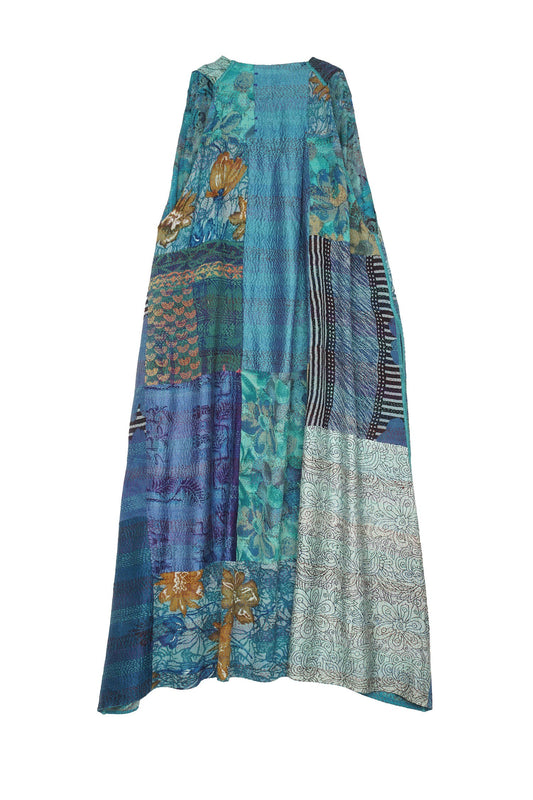 GEORGETTE VINTAGE SILK PATCH KANTHA BACK PLEATED VEST MAXI