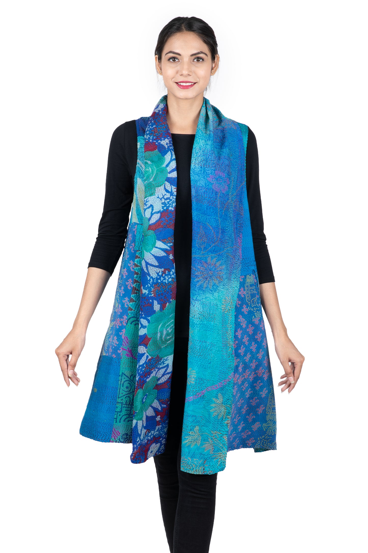 GEORGETTE VINTAGE SILK PATCH KANTHA SHAWL COLLAR VEST