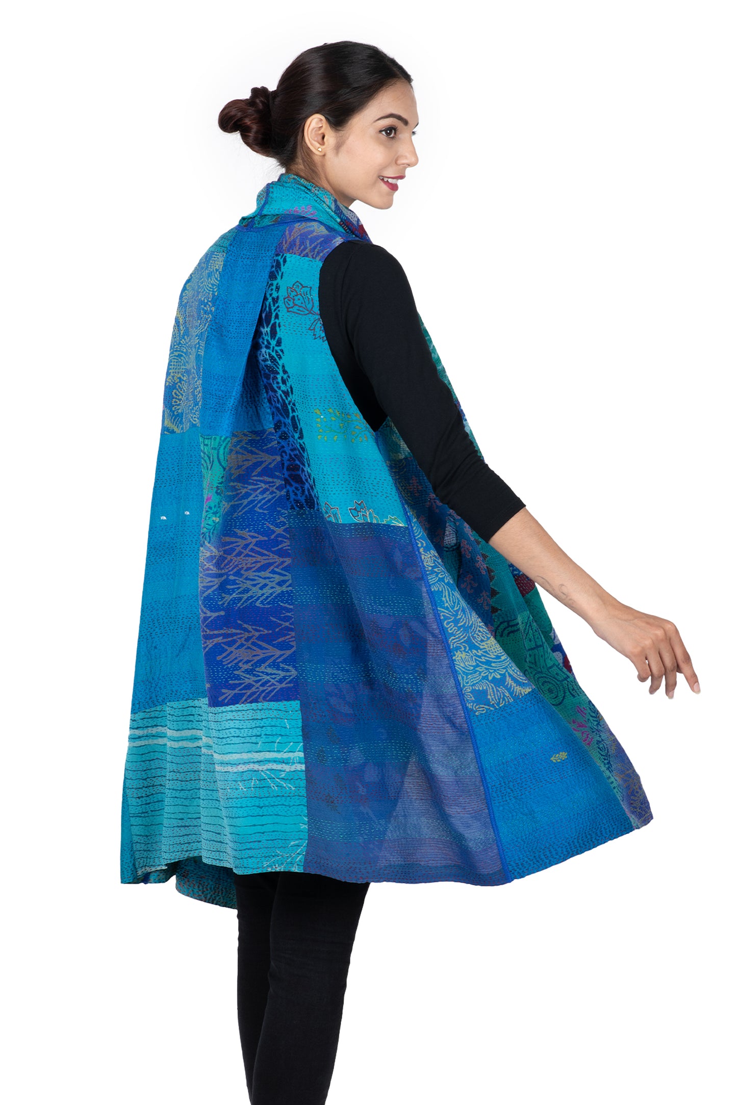 GEORGETTE VINTAGE SILK PATCH KANTHA SHAWL COLLAR VEST