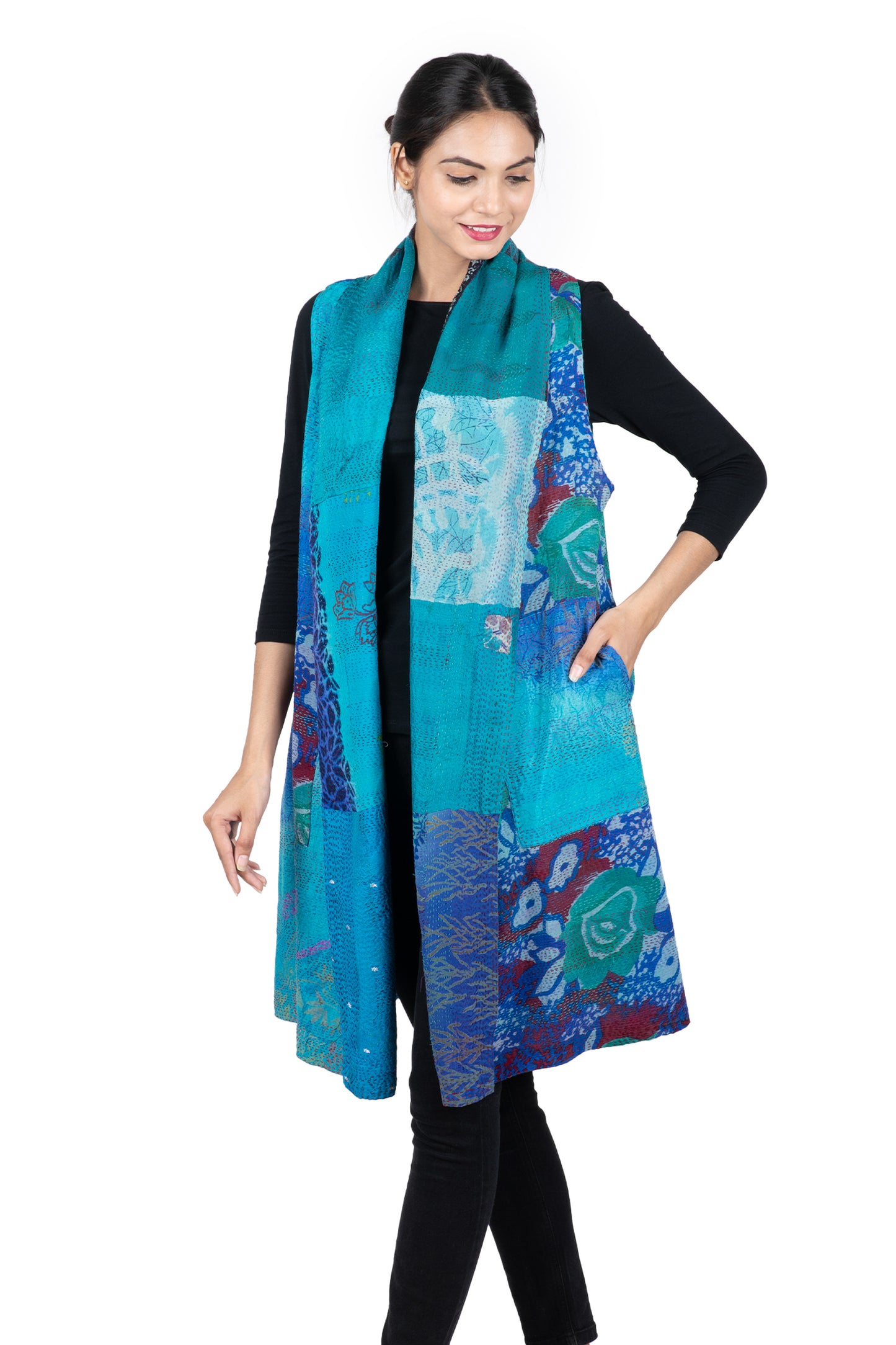 GEORGETTE VINTAGE SILK PATCH KANTHA SHAWL COLLAR VEST