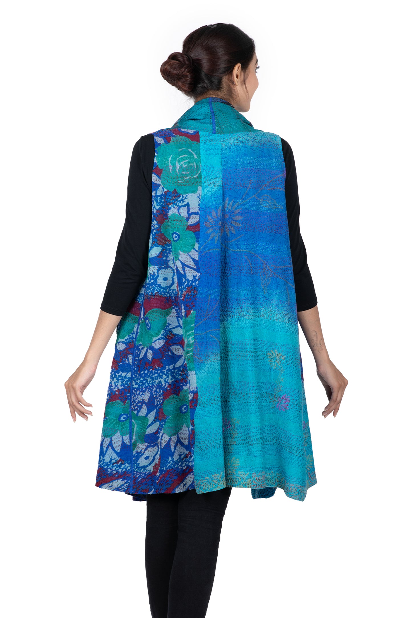 GEORGETTE VINTAGE SILK PATCH KANTHA SHAWL COLLAR VEST