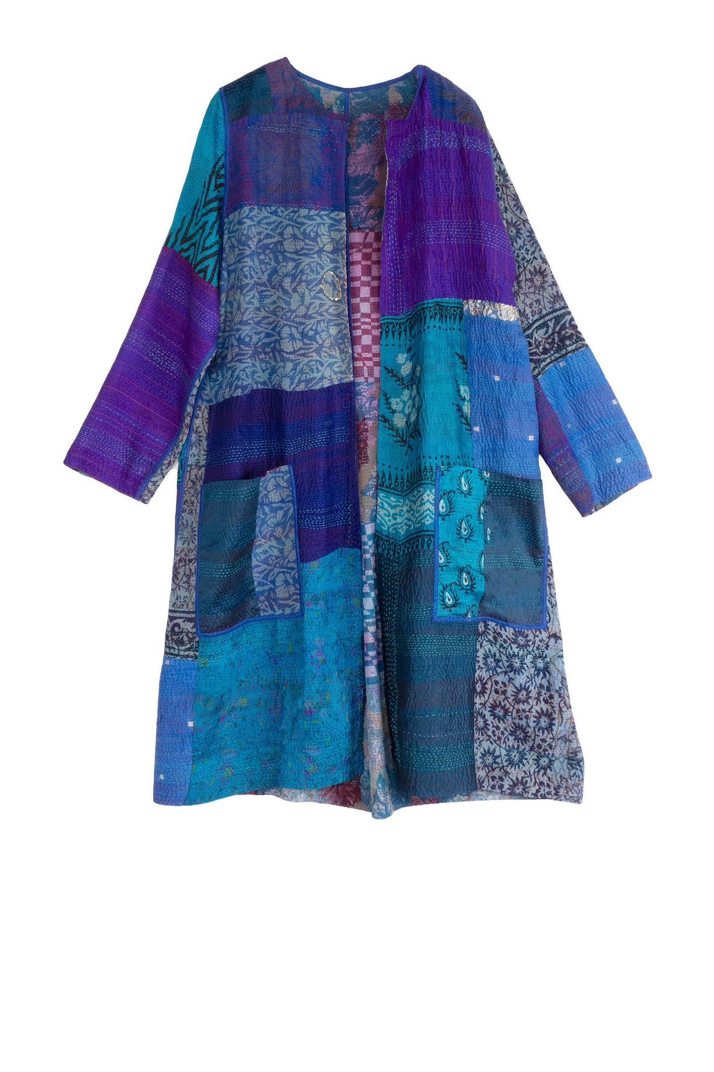 GEORGETTE VINTAGE SILK PATCH KANTHA CREW NECK COAT