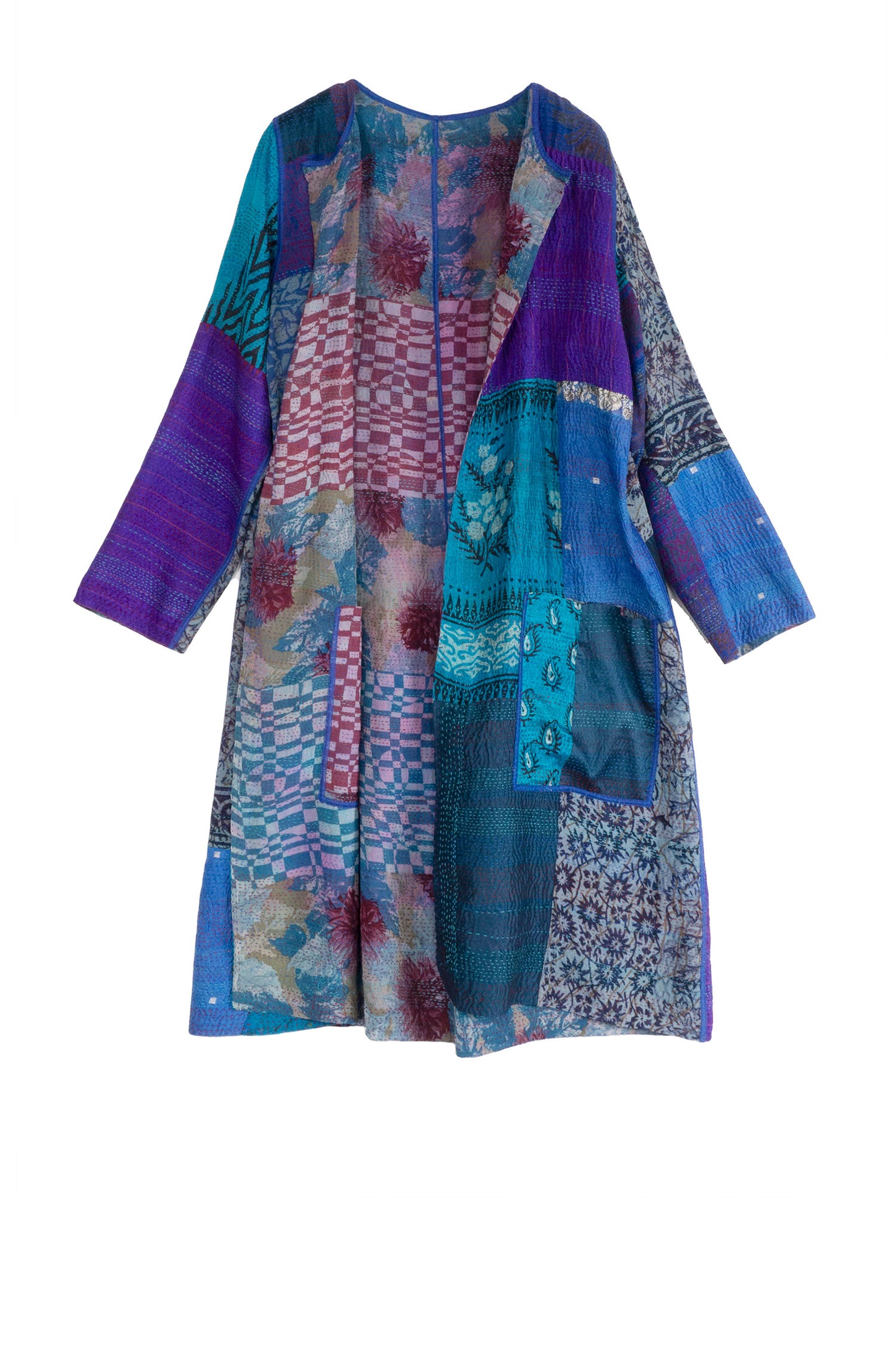 GEORGETTE VINTAGE SILK PATCH KANTHA CREW NECK COAT