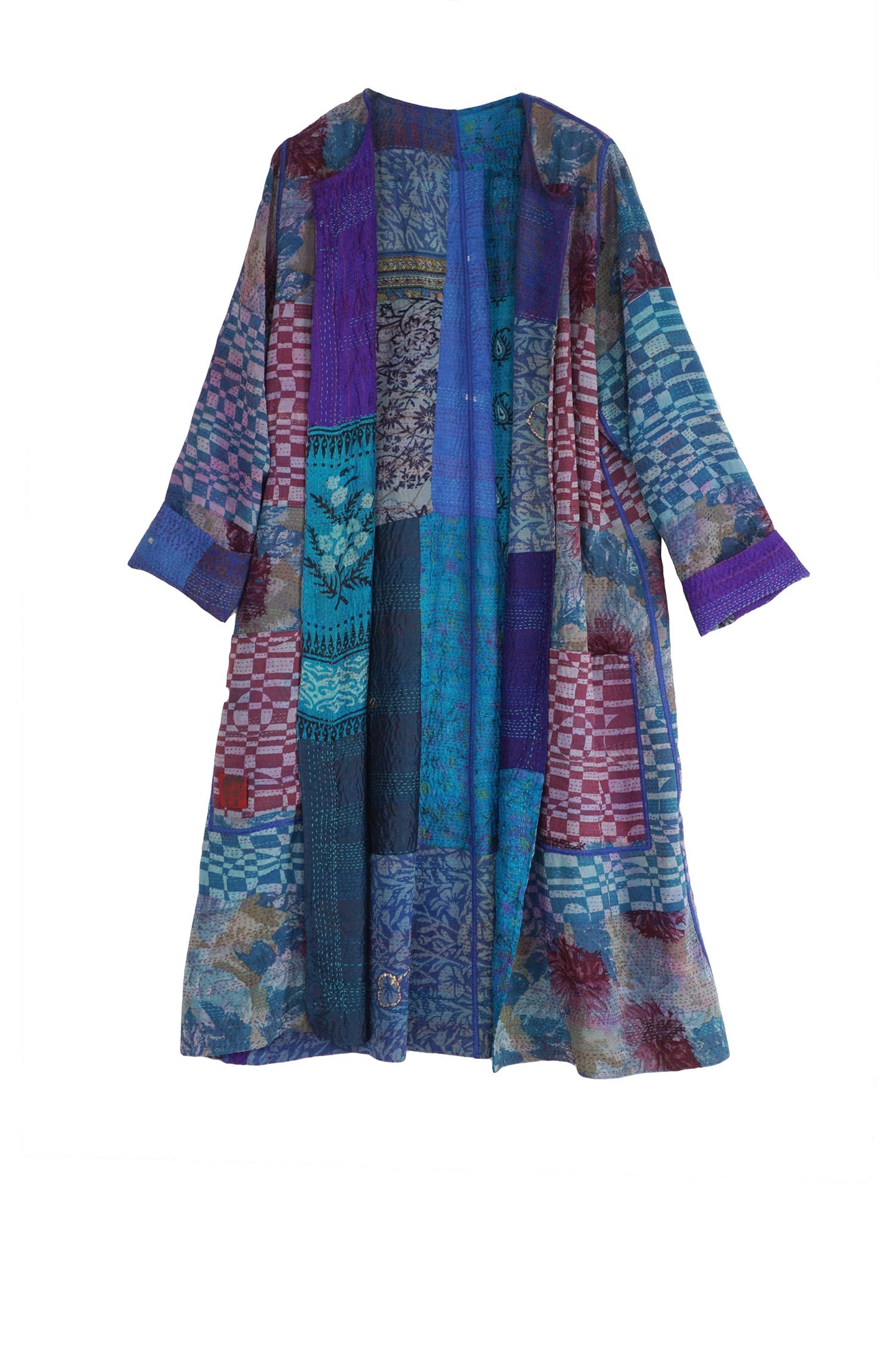 GEORGETTE VINTAGE SILK PATCH KANTHA CREW NECK COAT