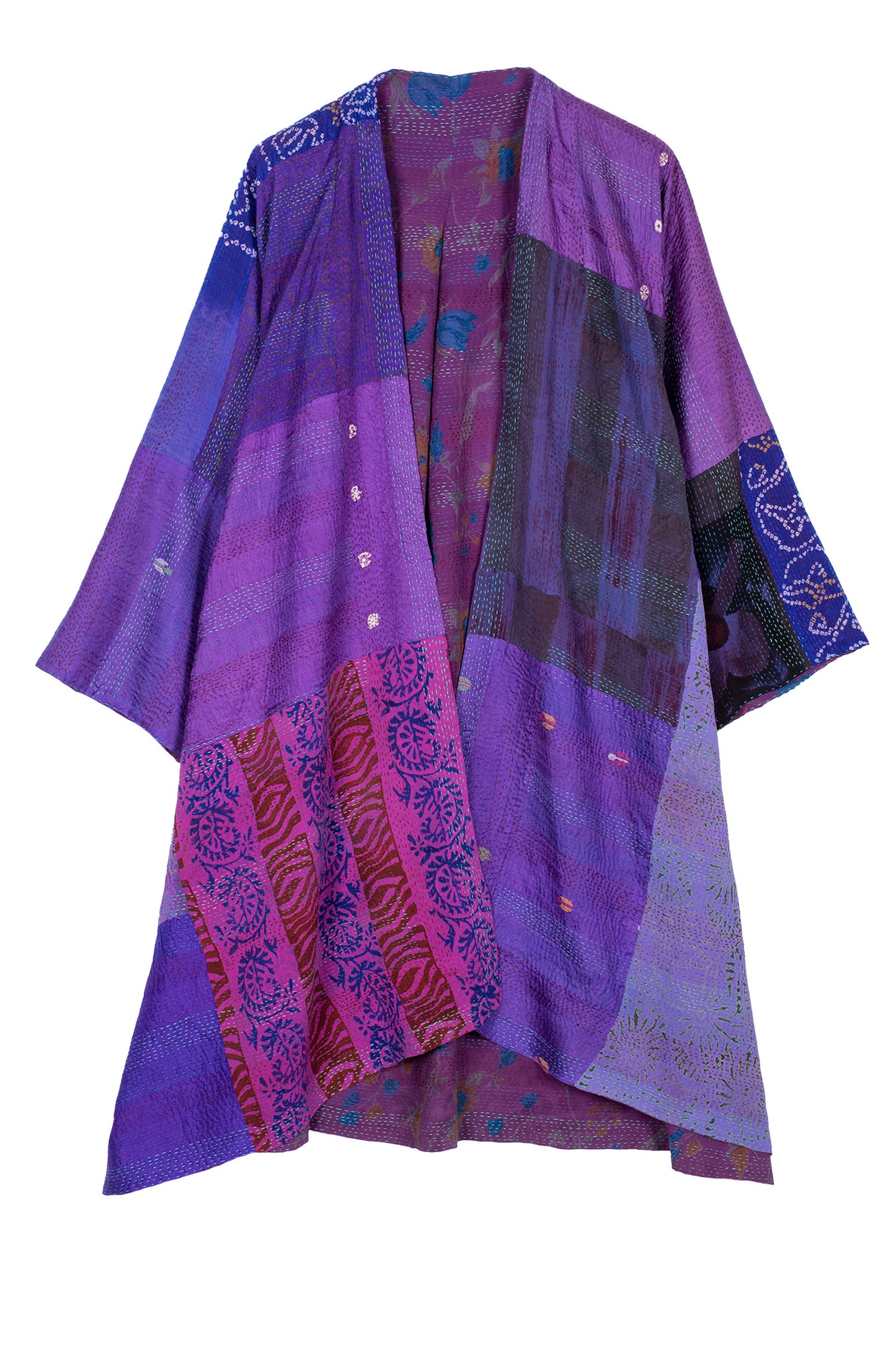 GEORGETTE VINTAGE SILK PATCH KANTHA KIMONO DUSTER