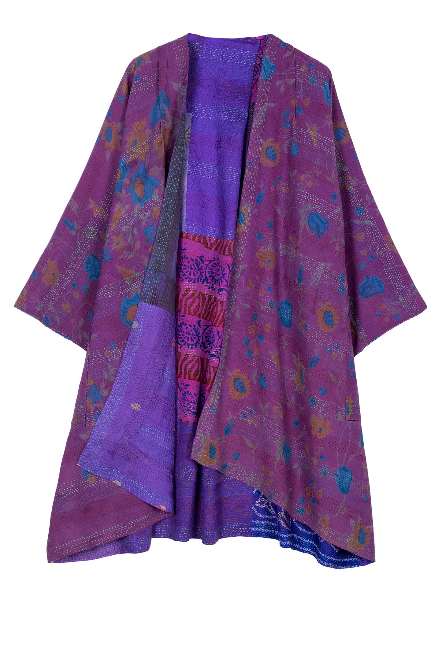 GEORGETTE VINTAGE SILK PATCH KANTHA KIMONO DUSTER