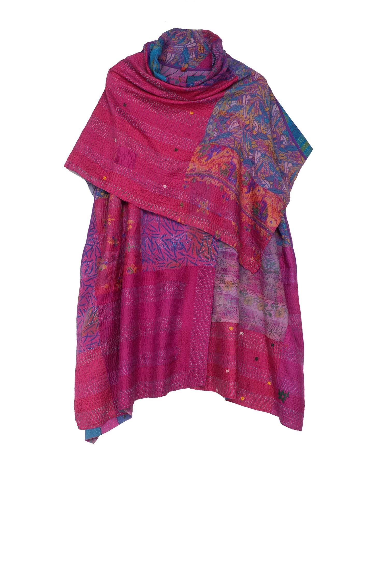 GEORGETTE VINTAGE SILK PATCH KANTHA COWL NECK FLARE TOP