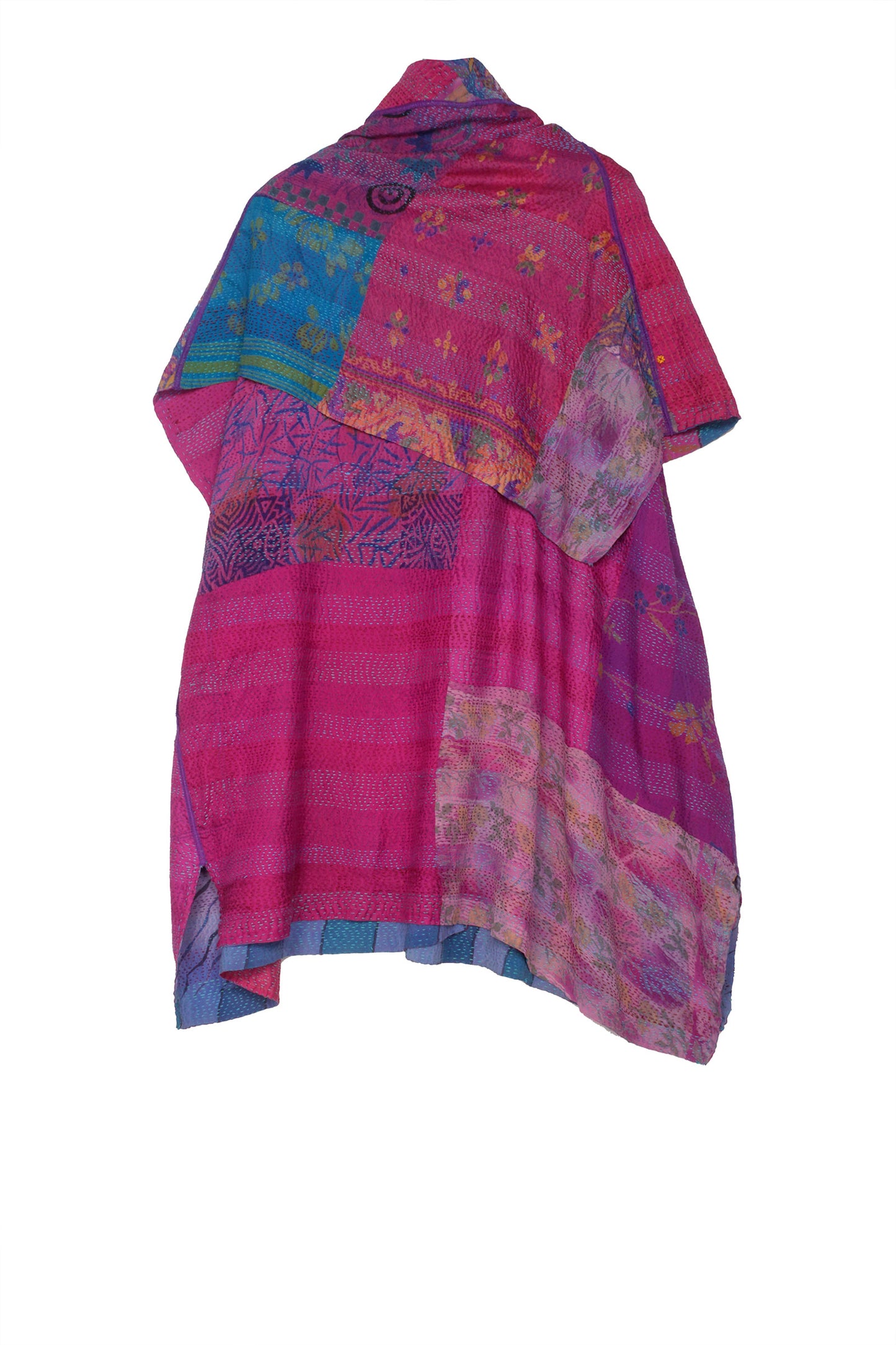 GEORGETTE VINTAGE SILK PATCH KANTHA COWL NECK FLARE TOP